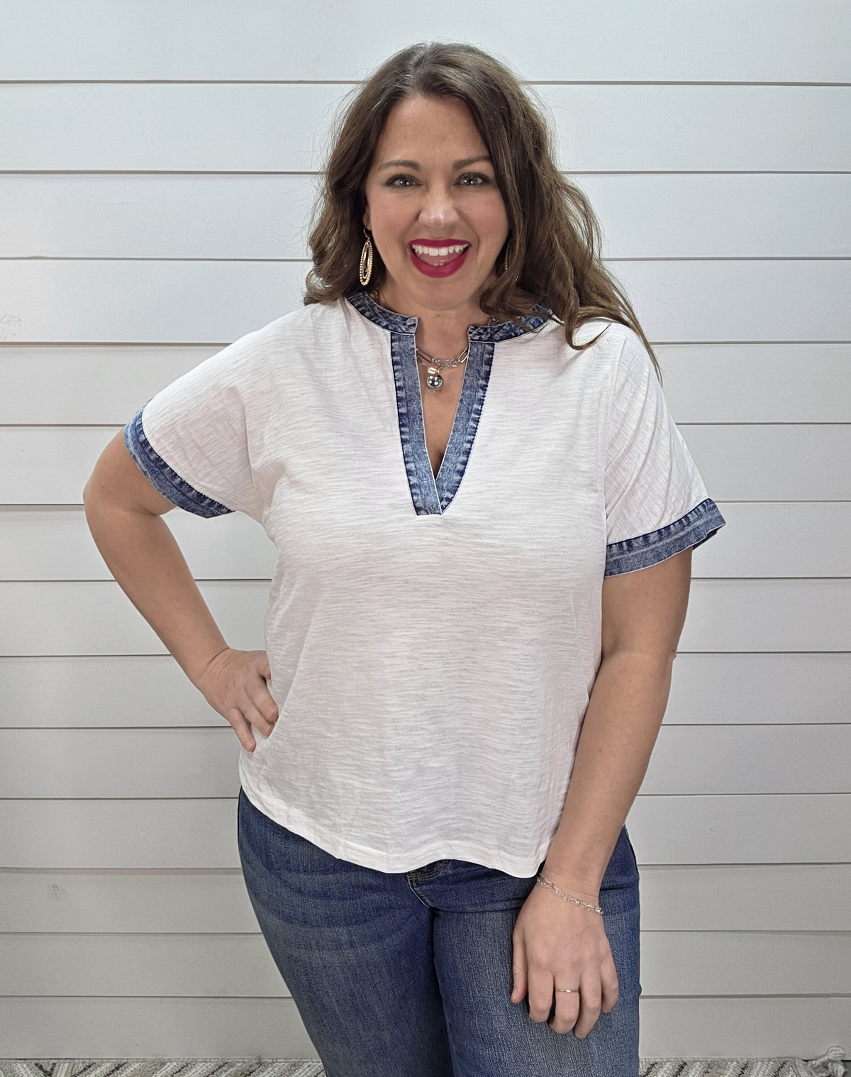OFF WHITE/DENIM CONTRAST KNIT TOP