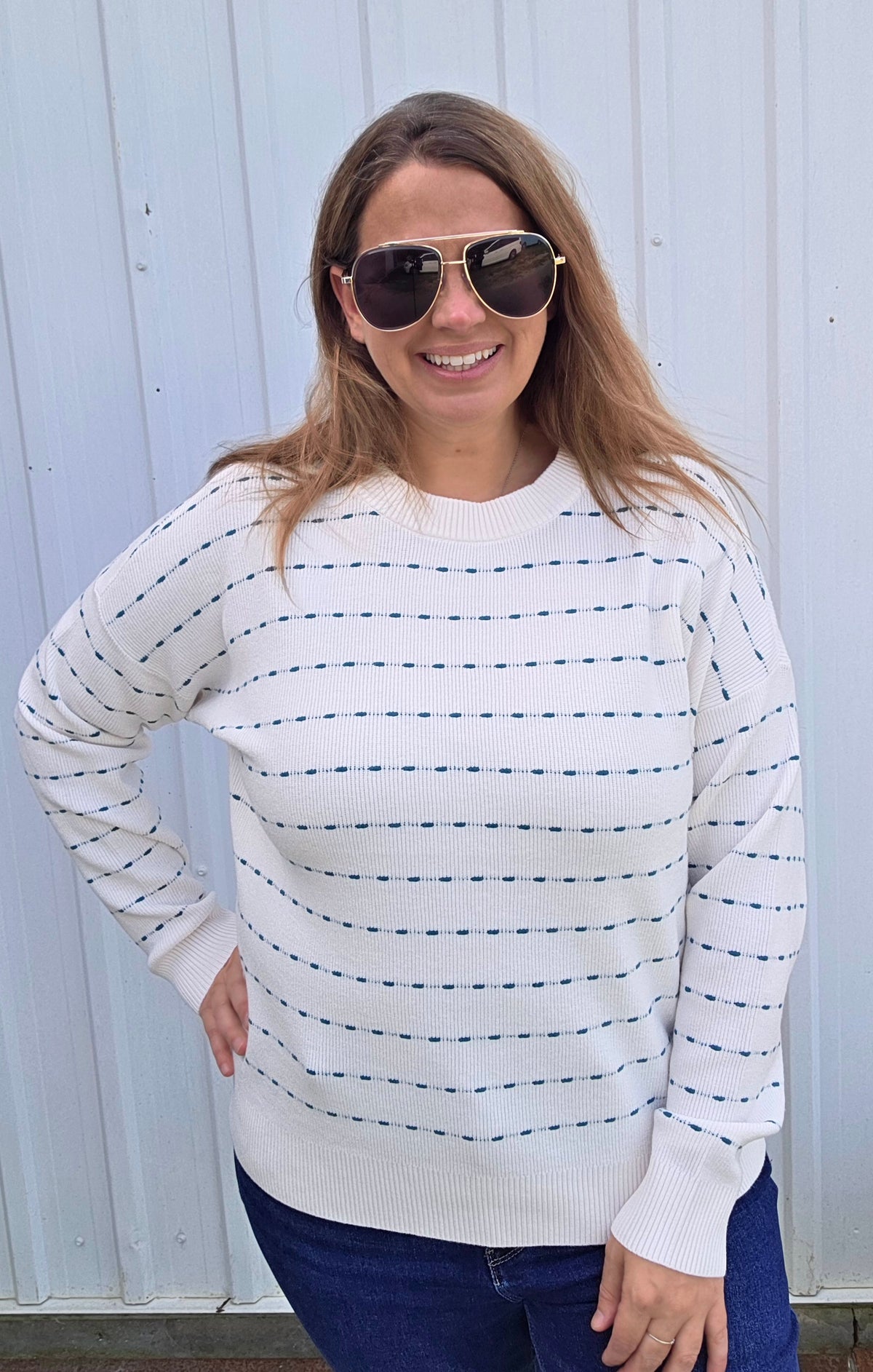 IVORY/TEAL Texture Striped, Crew Neck, Long Sleeve, Pullover Sweater