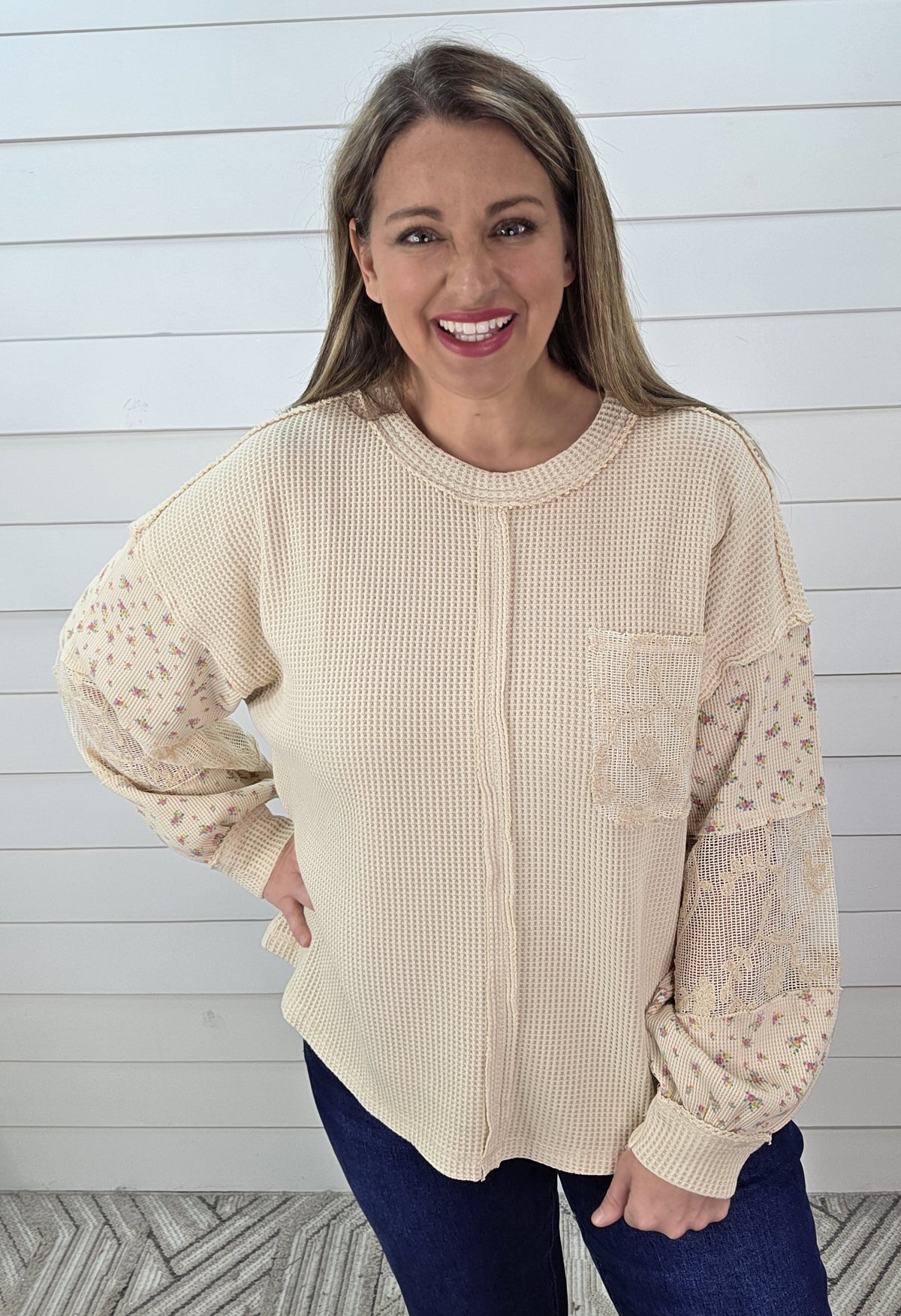 NATURAL WAFFLE TEXTURE CONTRAST SLEEVE KNIT OVERSIZED TOP