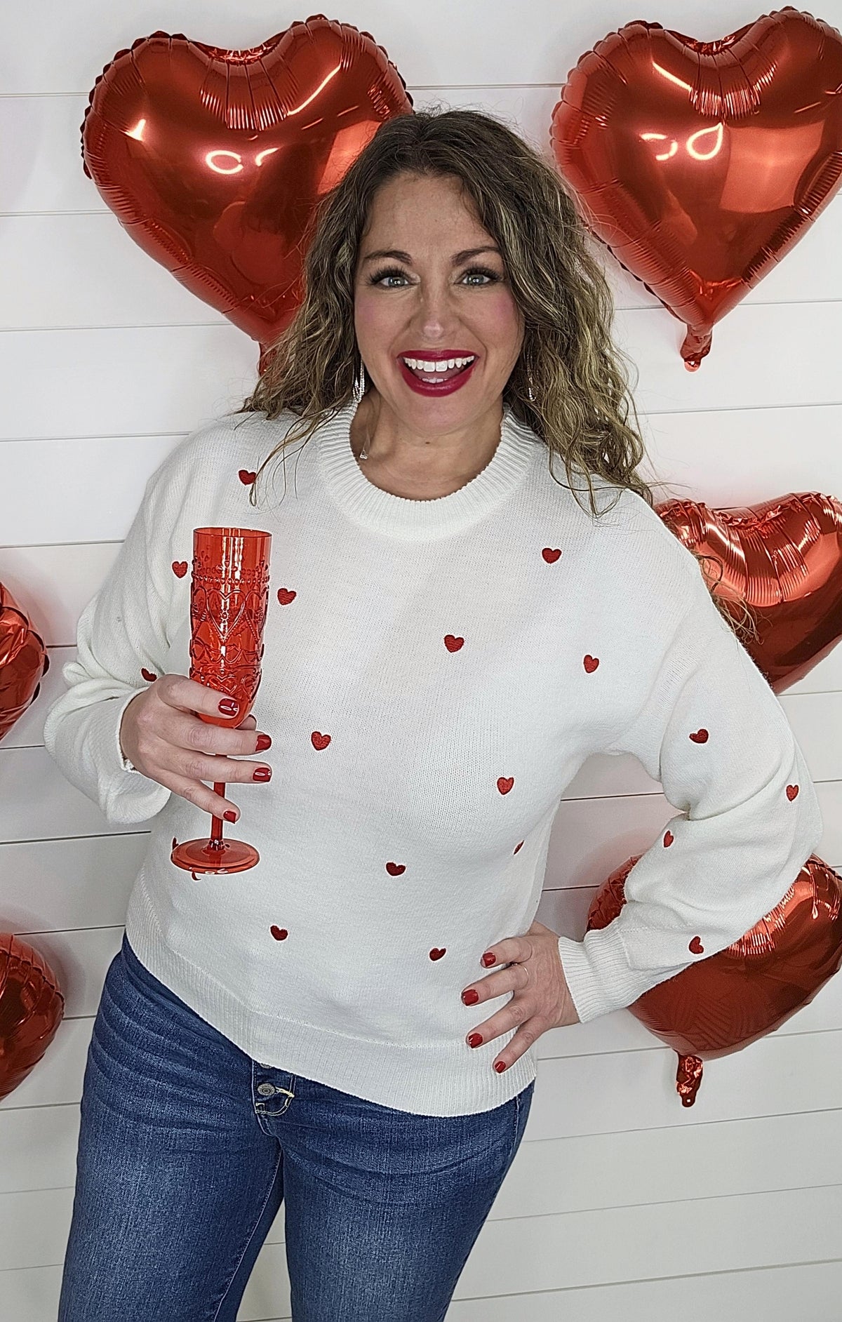 WHITE/RED EMBROIDERED HEART SWEATER