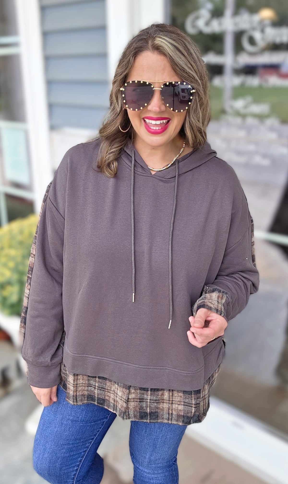 CHARCOAL/BROWN PLAID CONTRAST FRENCH TERRY HOODIE