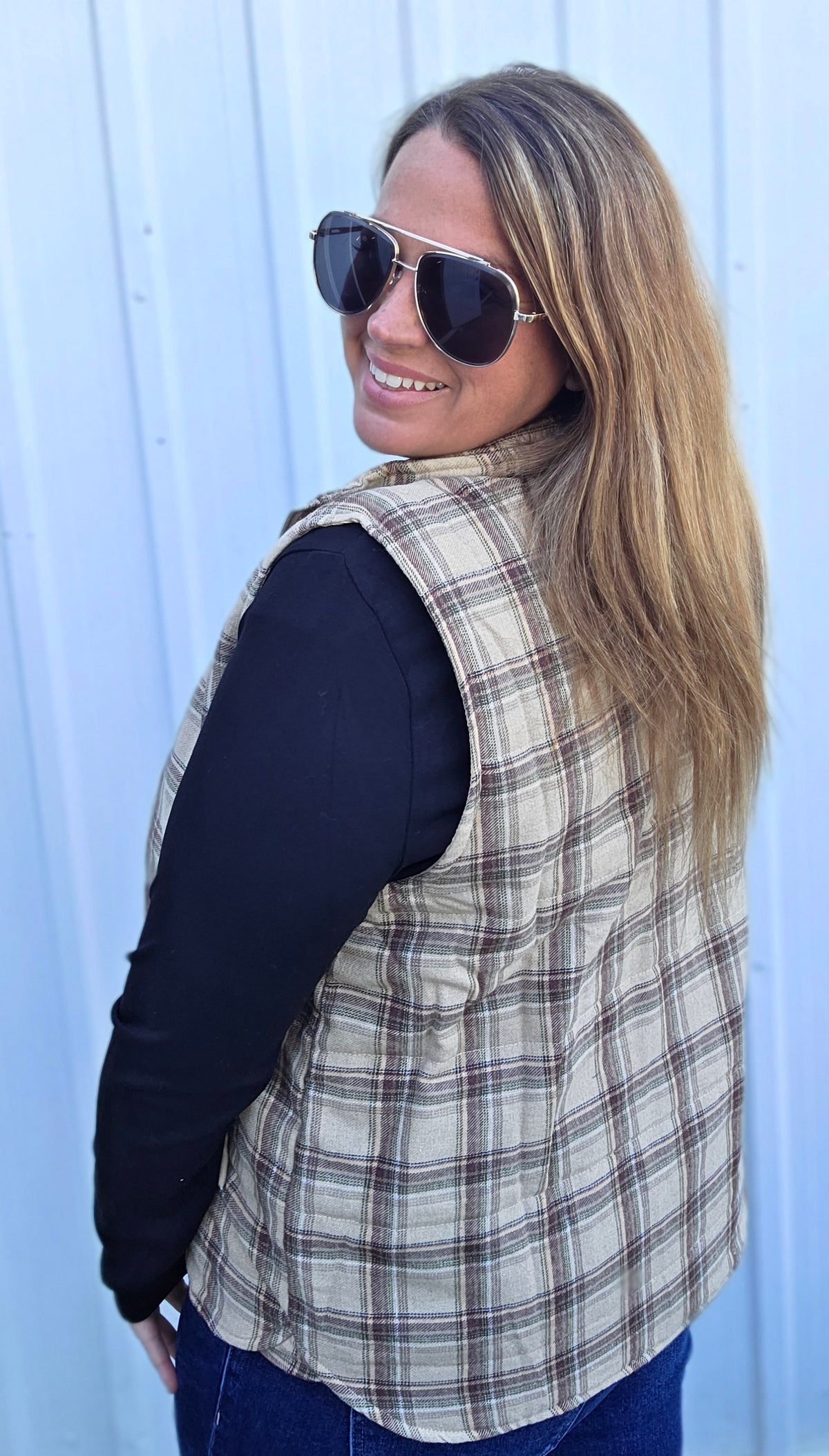 Taupe Plaid Mock Neck, Hidden Zip Up With Snap Button, Plaid Puffer Vest