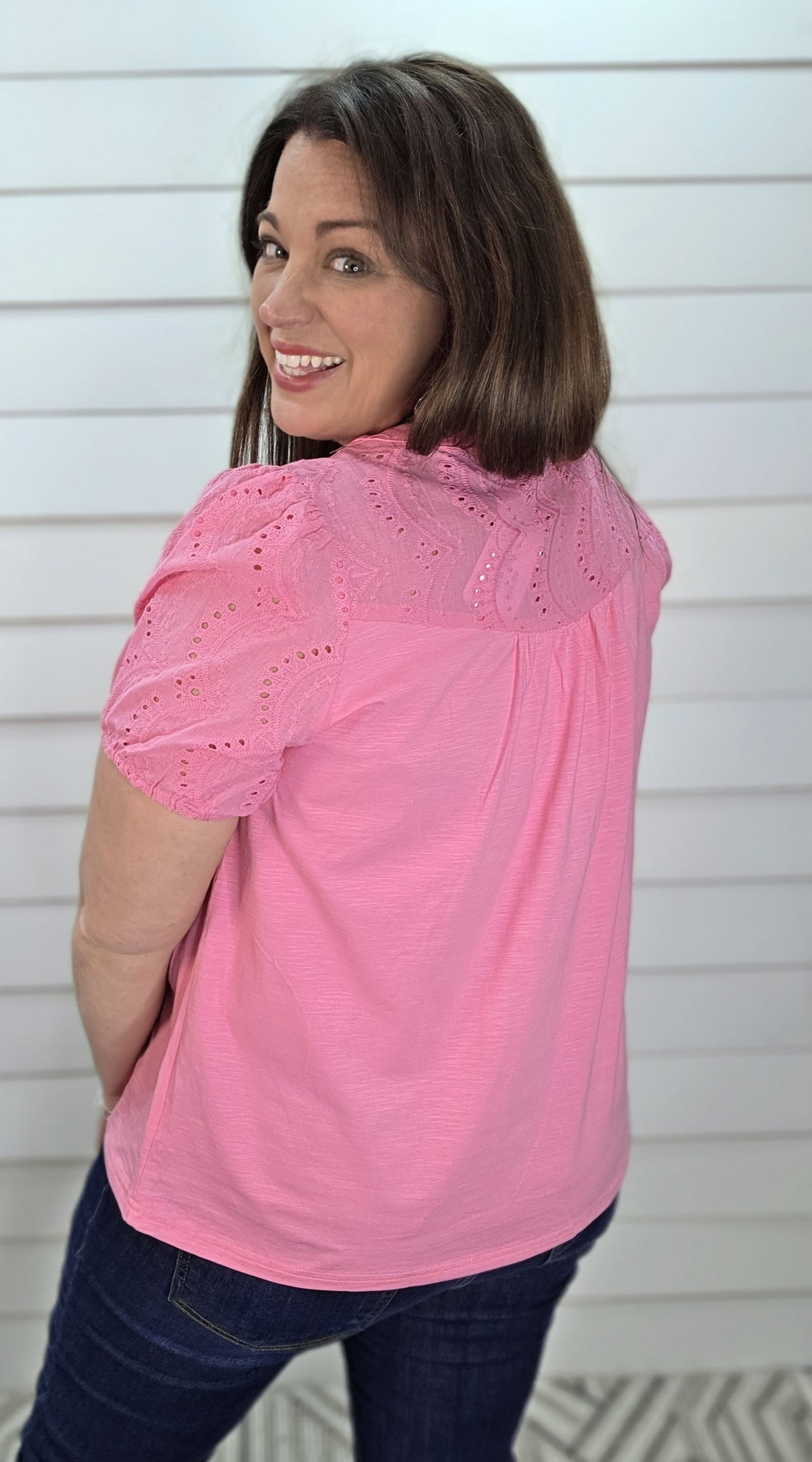 FUCHSIA PUFF SLEEVE EYELET LACE KNIT TOP