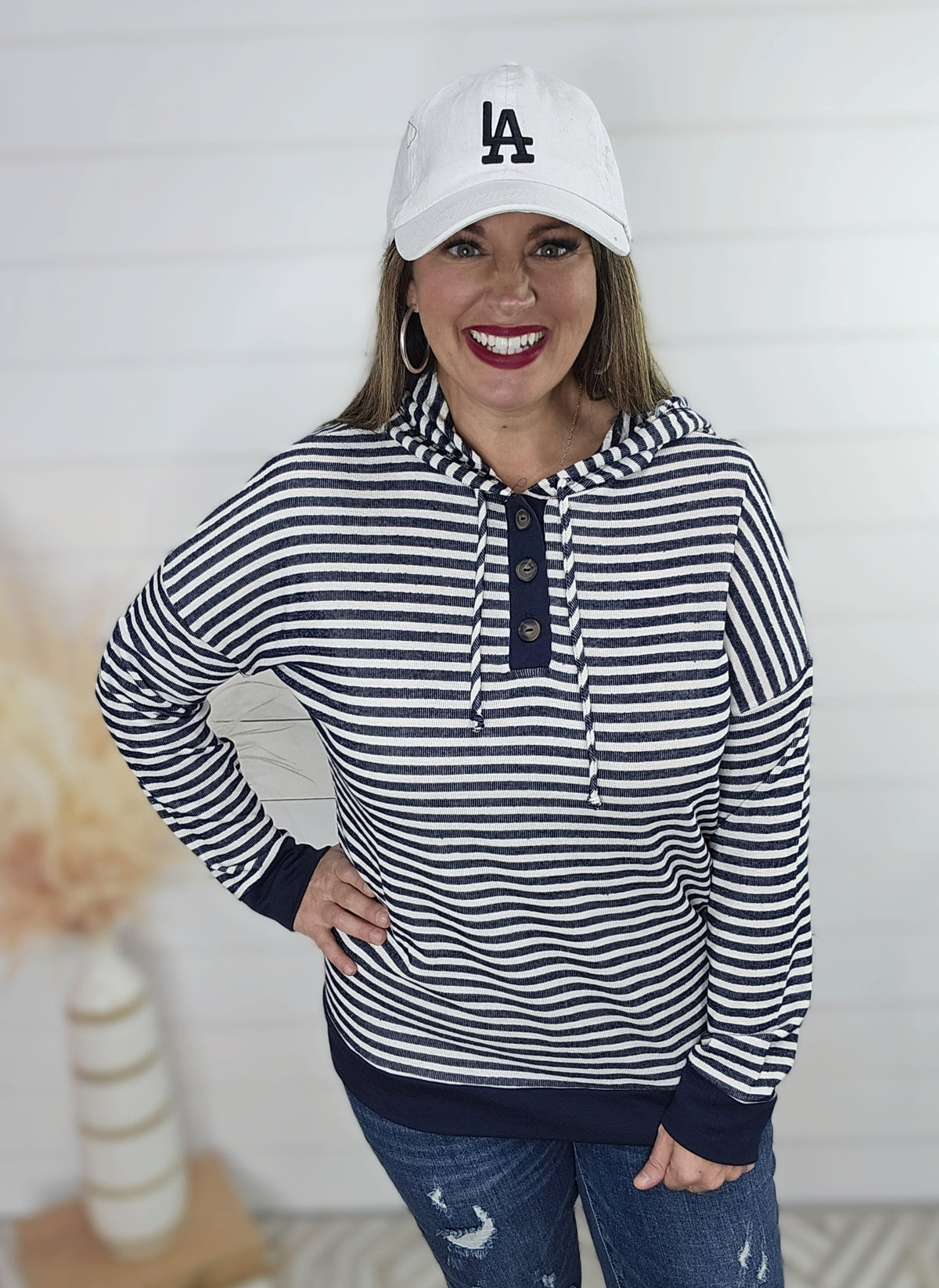 NAVY STRIPED FRENCH TERRY LIGHT WEIGHT HOODIE