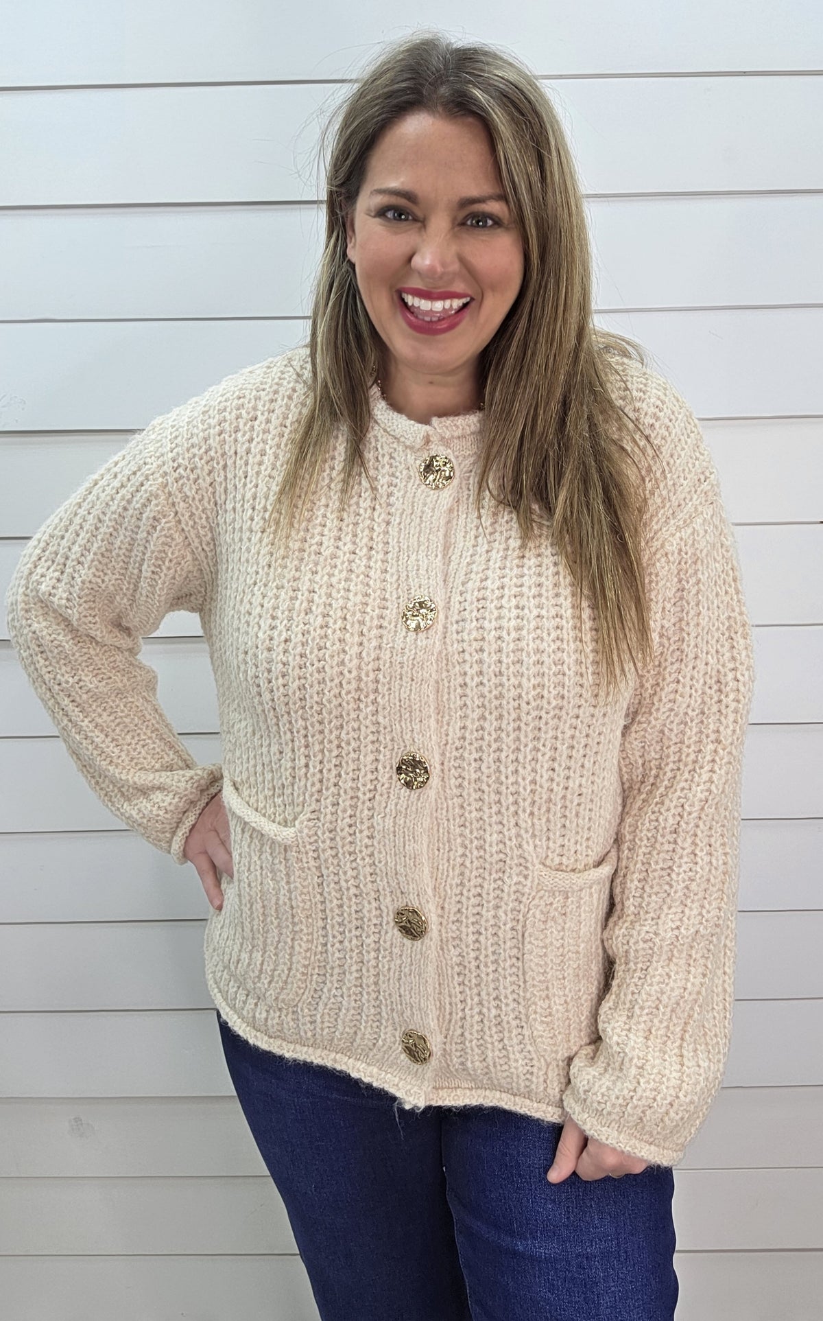 OATMEAL CHUNKY BUTTON DOWN SWEATER