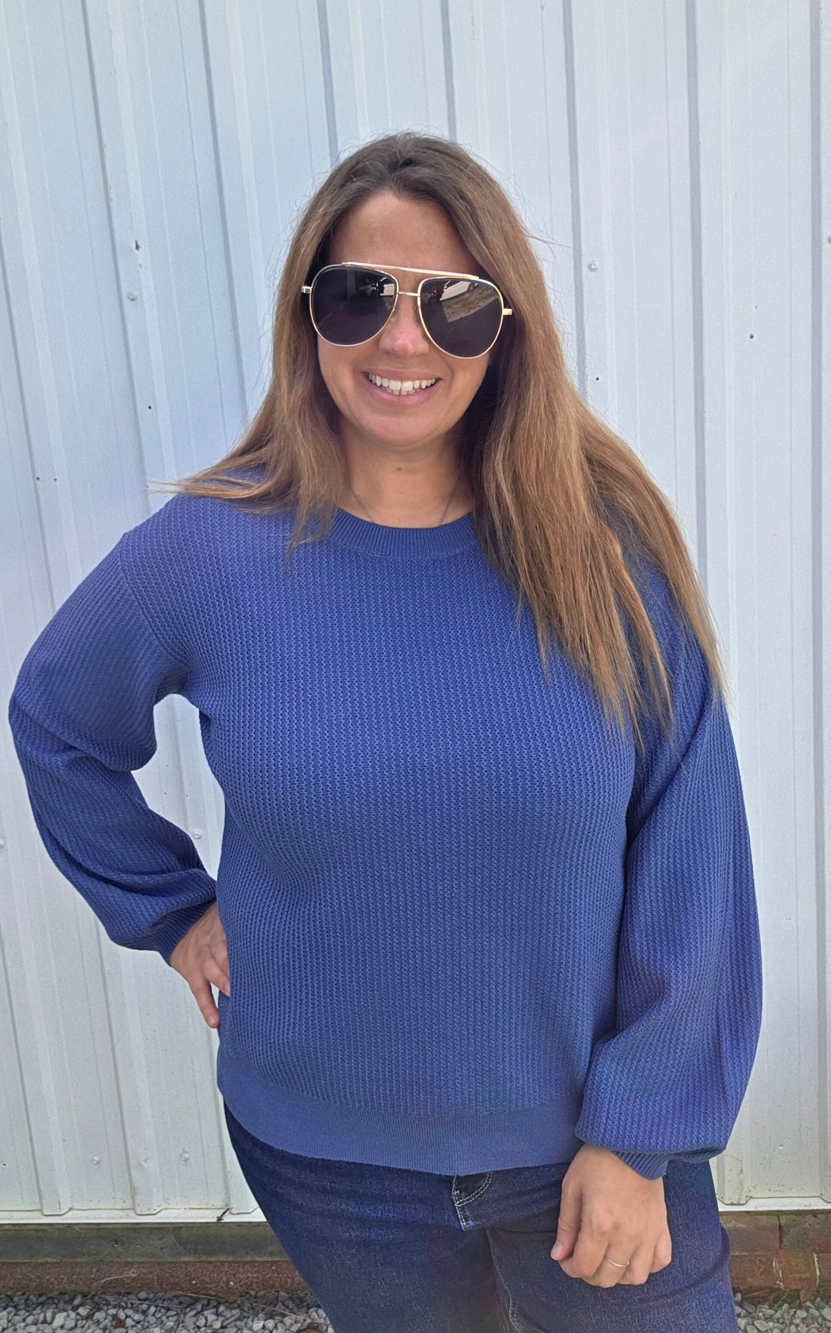 Denim Textured, Crew Neck, Balloon Sleeve, Pullover Sweater