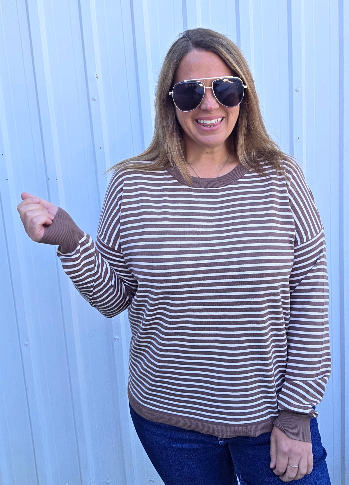 Chocolate Crew Neck, Long Sleeve, Light Weight Loose Fit, Striped Pullover Sweater