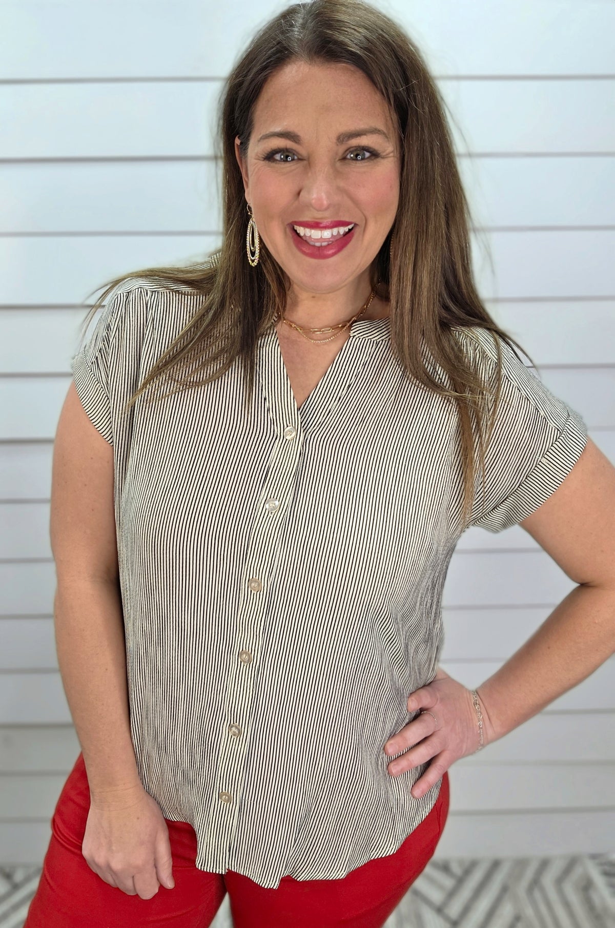 BLACK/CHAMPAGNE PIN STRIPED BUTTON DOWN WOVEN TOP