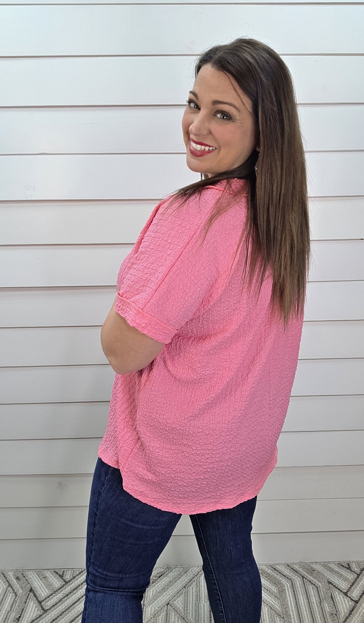 PINK OVERSIZED TEXTURED V NECK KNIT TOP
