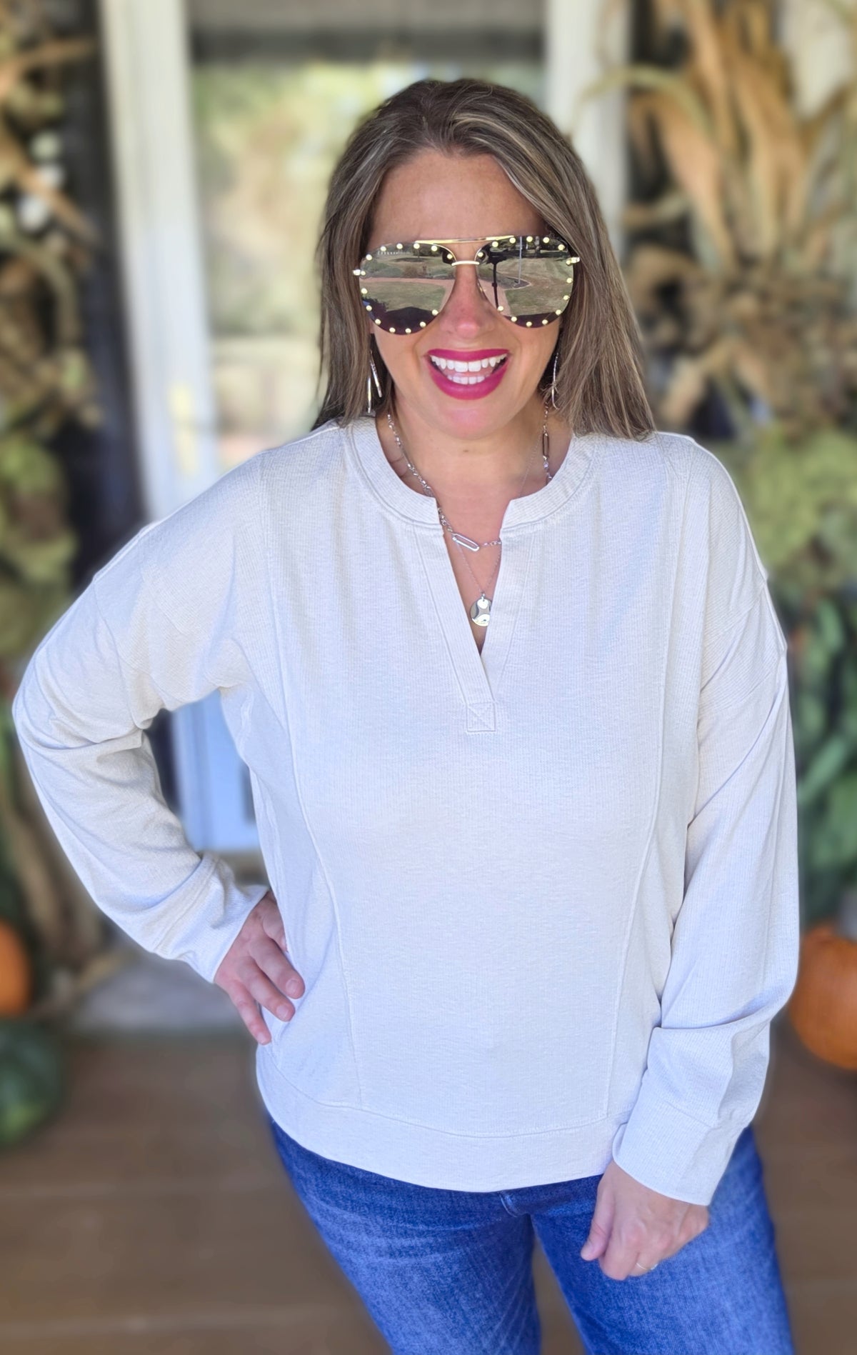 TAUPE V NECK KNIT TOP