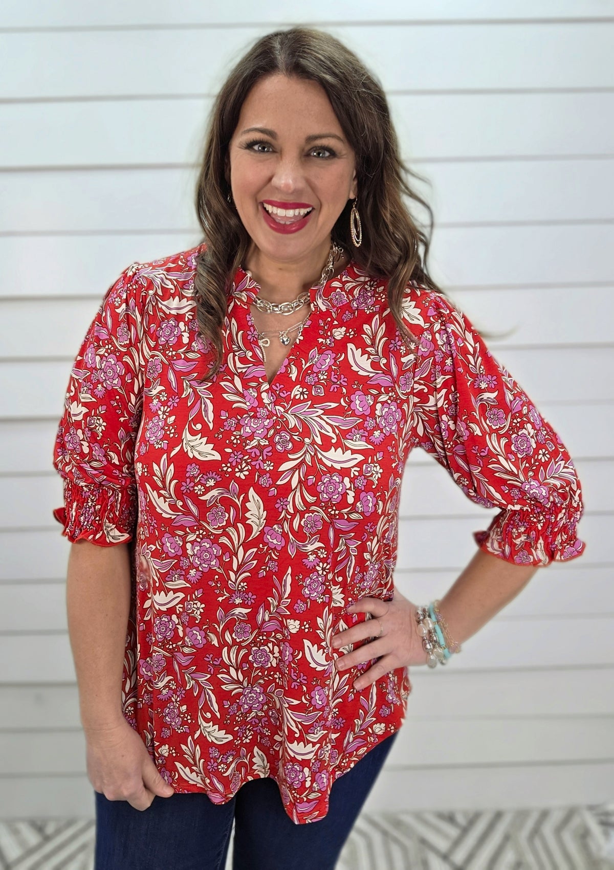 DEAR SCARLETT SMOCKED TOP - RED PRINTED