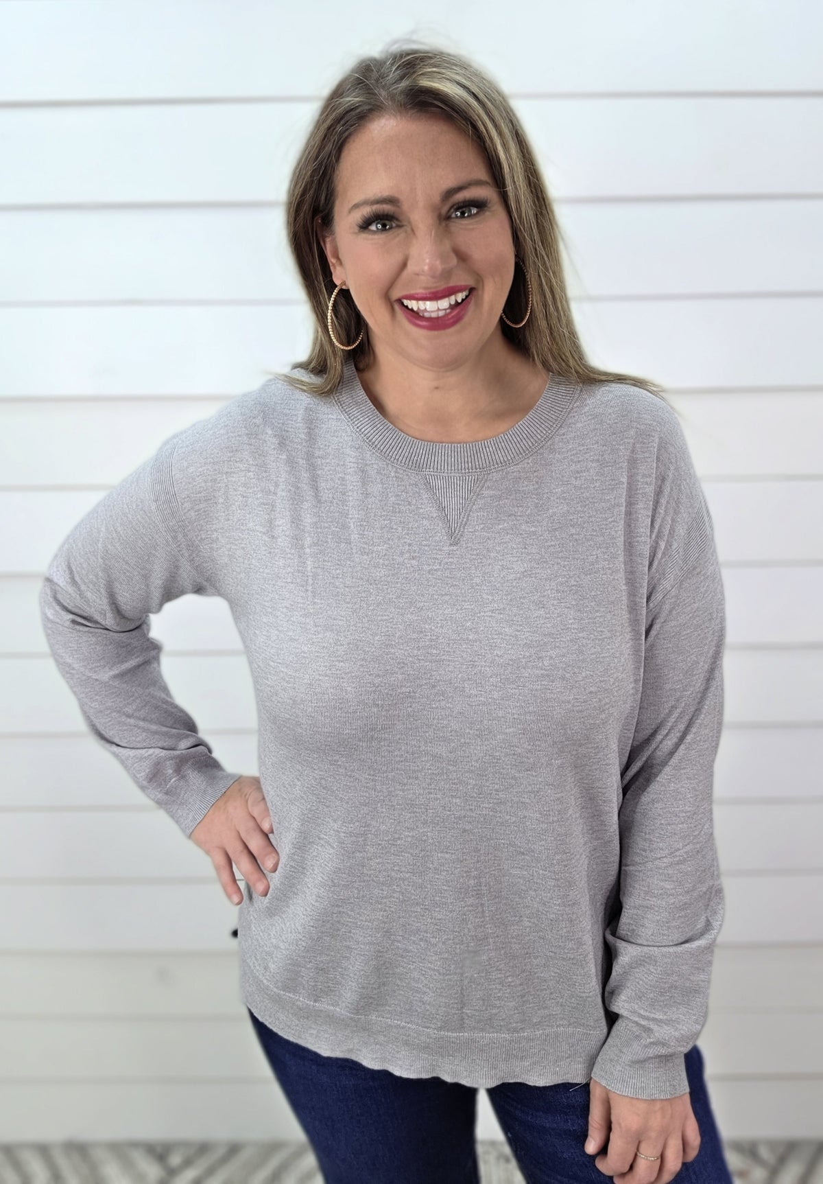 HEATHER GREY LIGHT WEIGHT CREW NECK PULLOVER SWEATER