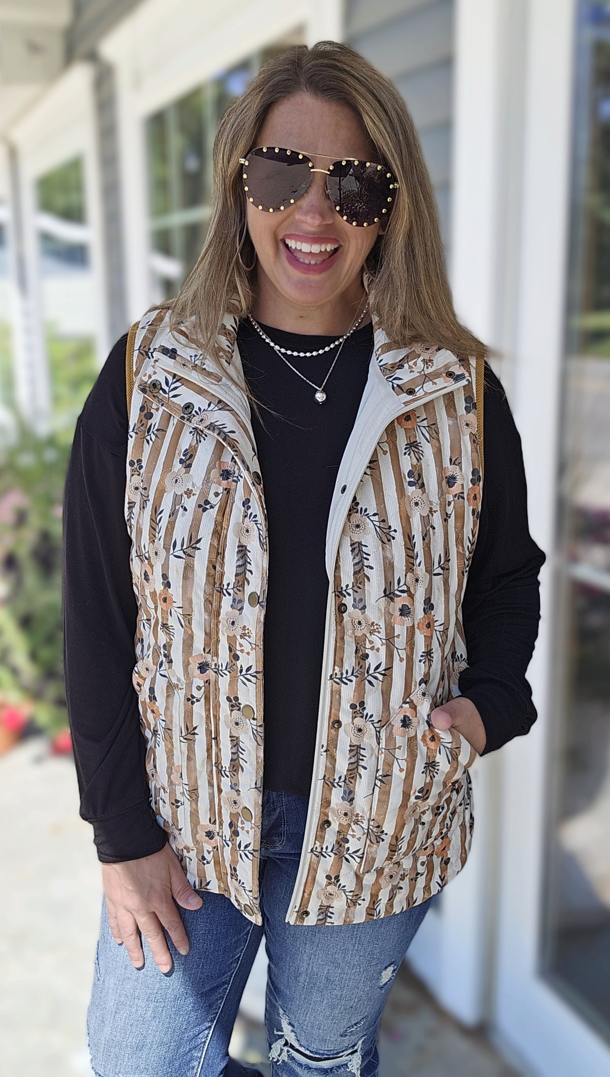CAMEL STRIPED/FLORAL ZIP UP QUILTED VEST
