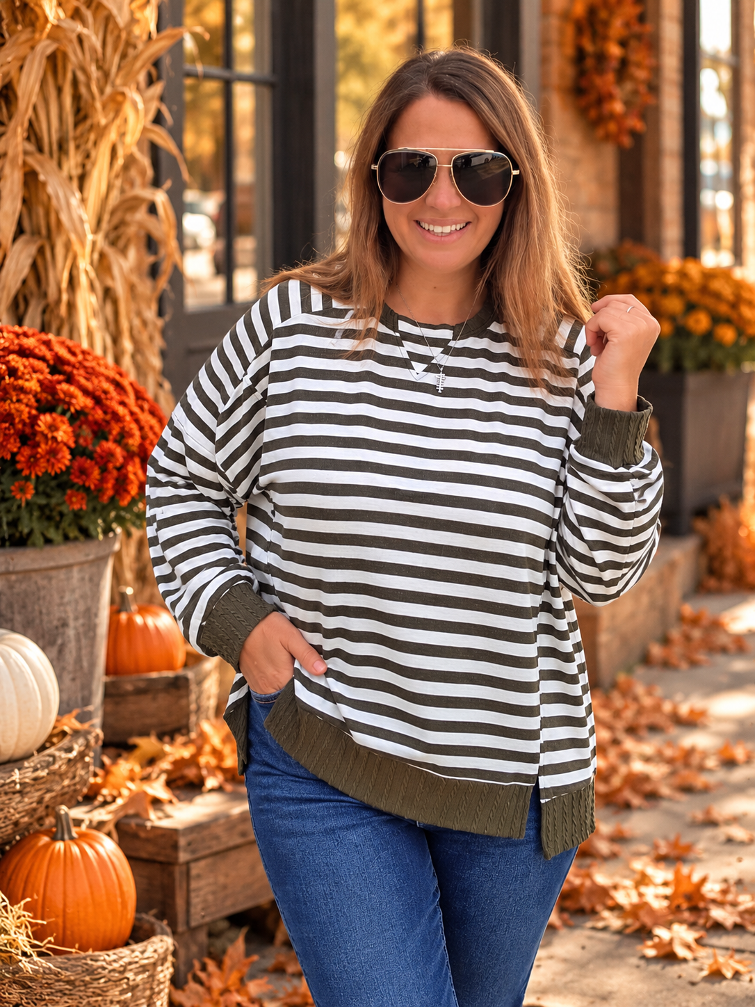 Olive Loose Fit  Long Sleeve Striped Knit Top