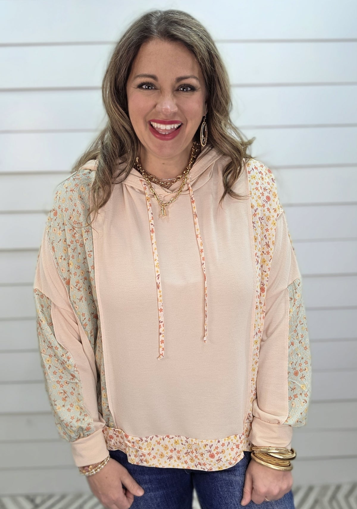 OATMEAL DITSY FLORAL CONTAST LOOSE FIT HOODIE