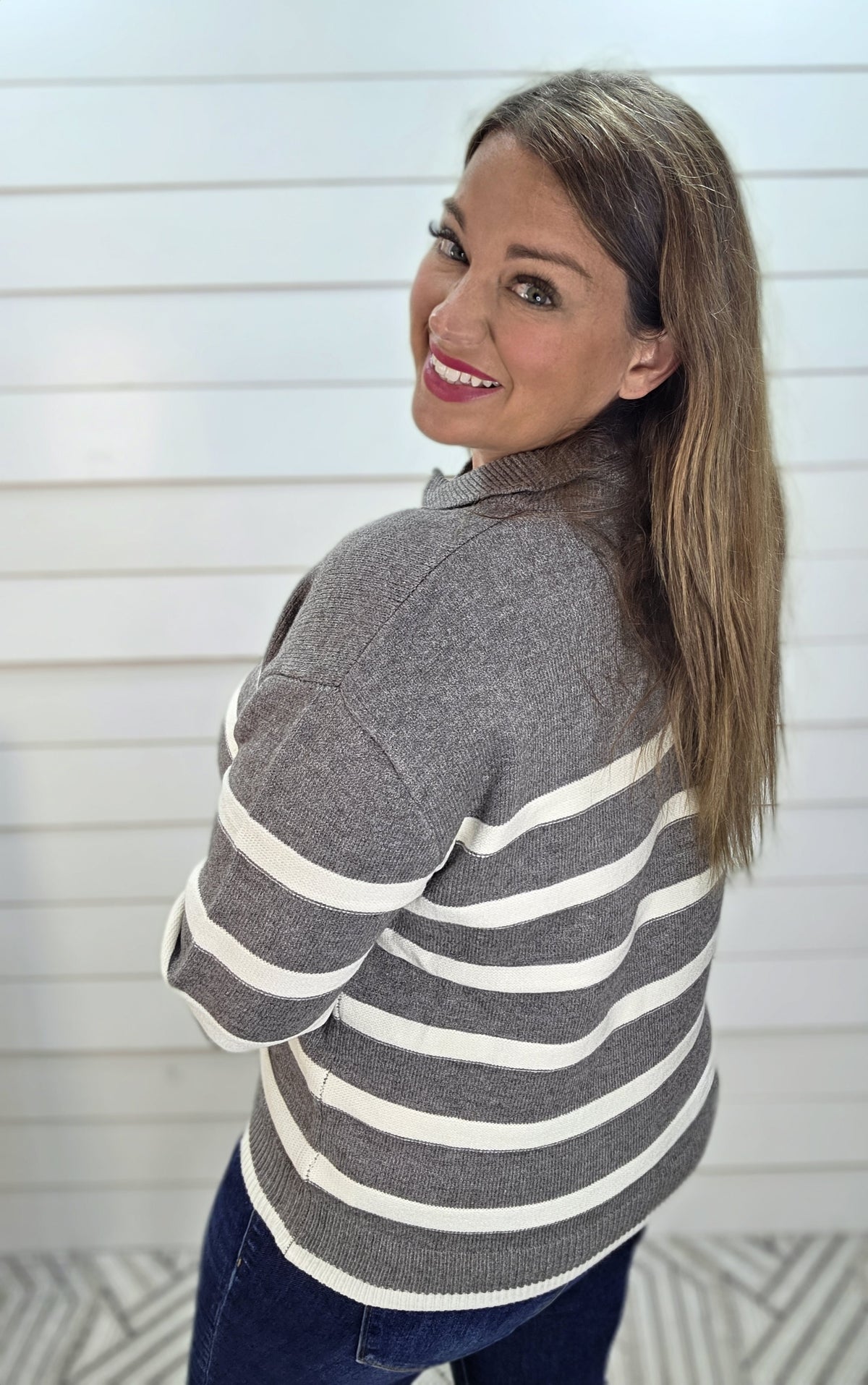 HEATHER GREY Split V-Neck Polo Neckline Striped Sweater Top