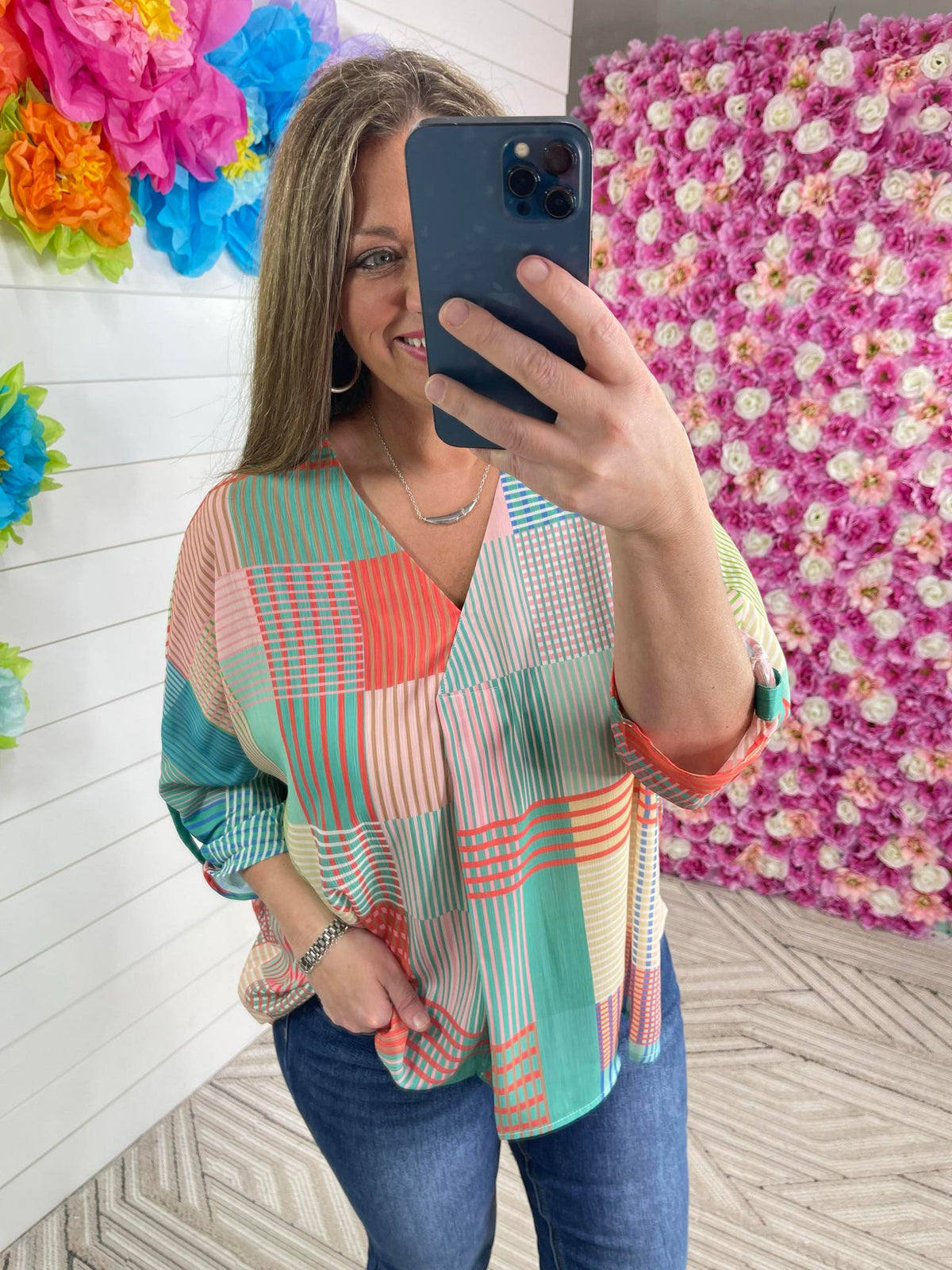 MIXED PRINT 3/4 LONG SLEEVE TOP - CORAL/MINT OVERSIZED