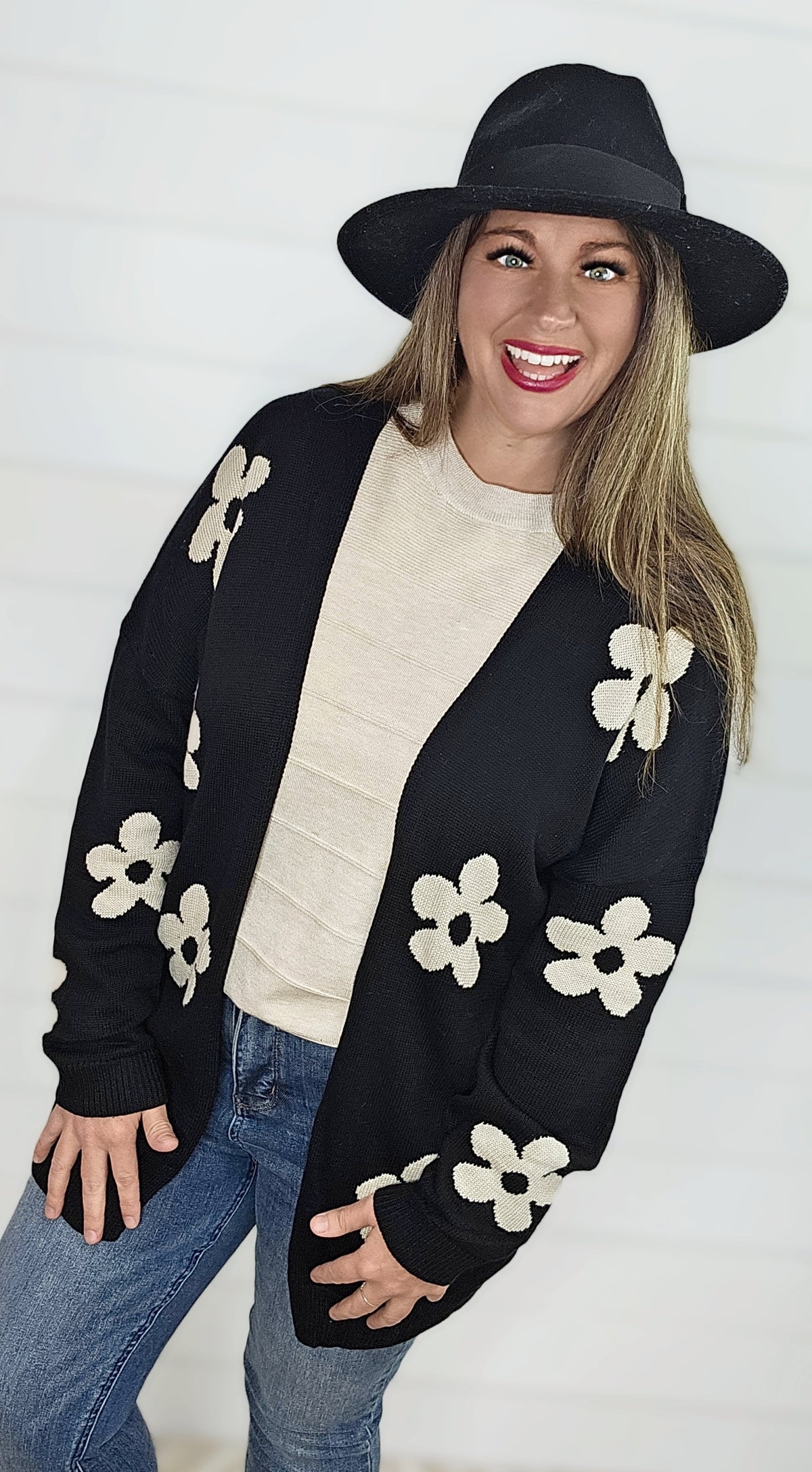 BLACK/MOCHA FLORAL KNITTED CARDIGAN