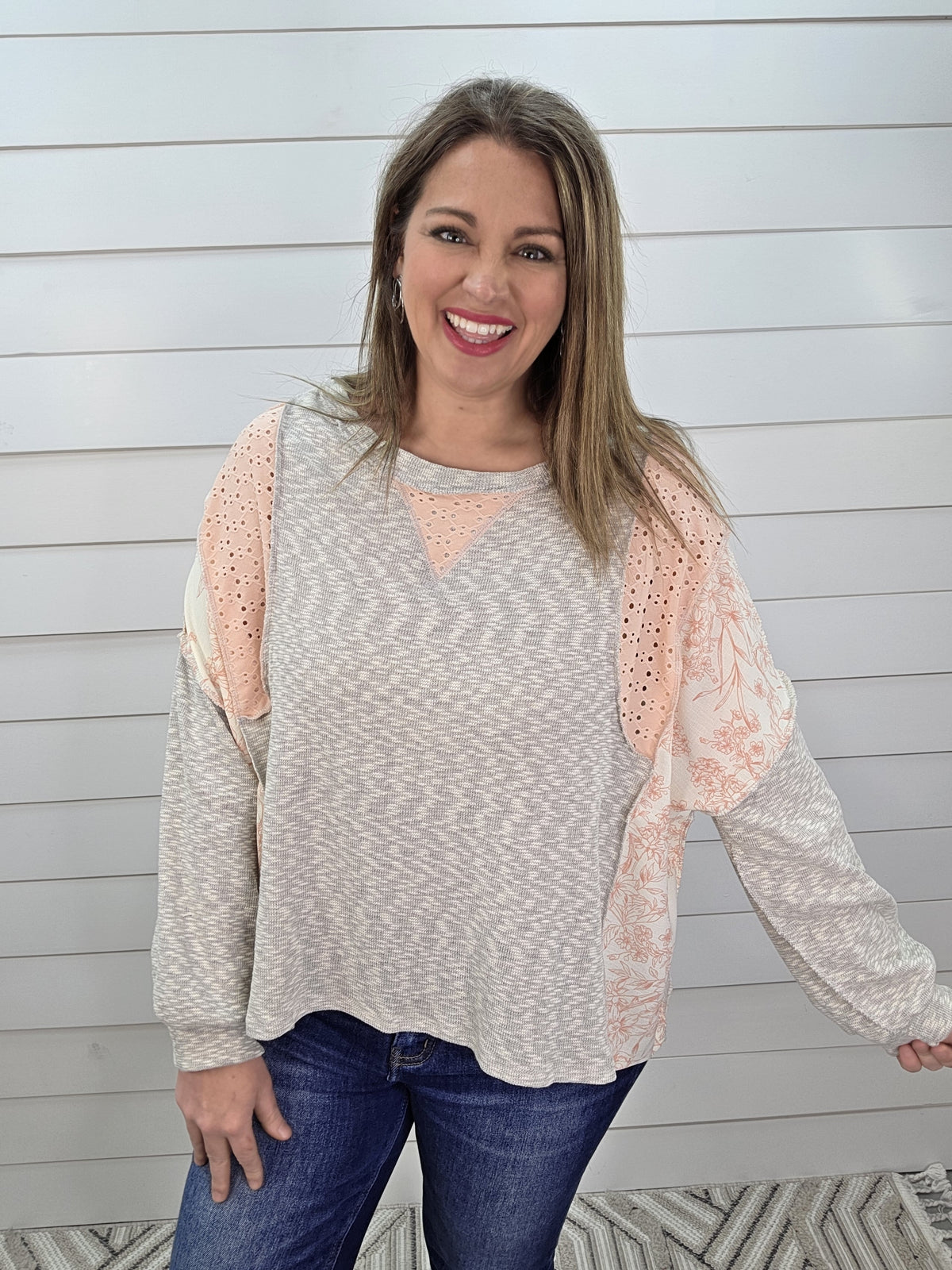 HEATHER GREY/PINK FLORAL/EYELET LACE CONTRAST OVERSIZED TOP