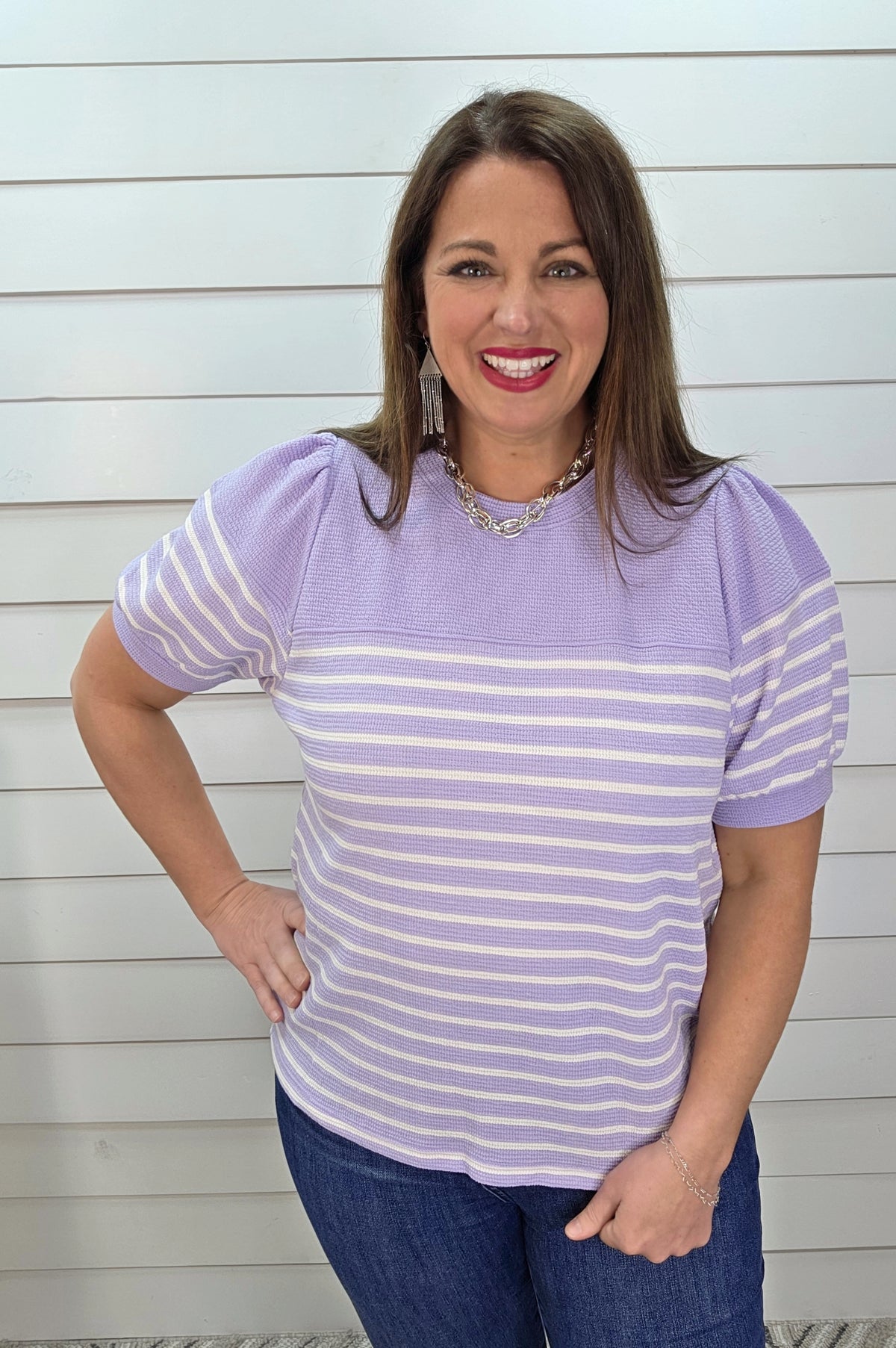 LAVENDER STRIPED CLOUD FABRIC W/ PUFF SLEEVE