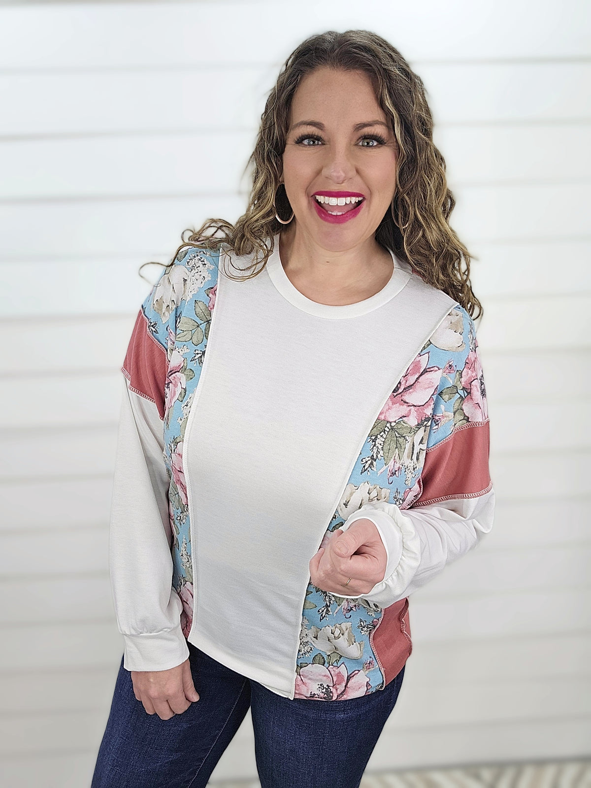 MAUVE FLORAL COLORBLOCK KNIT TOP