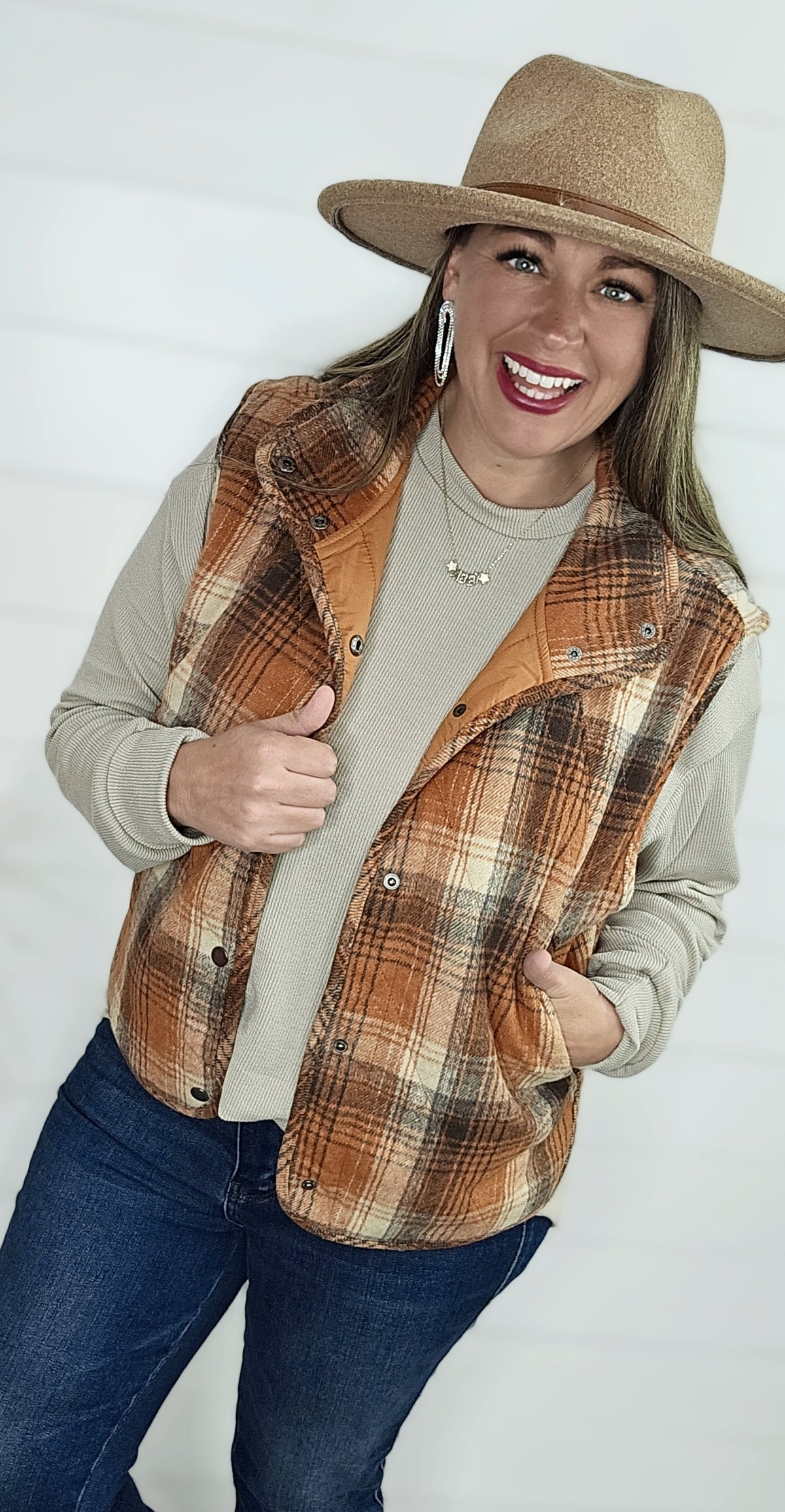 RUST PLAID SNAP BUTTON VEST