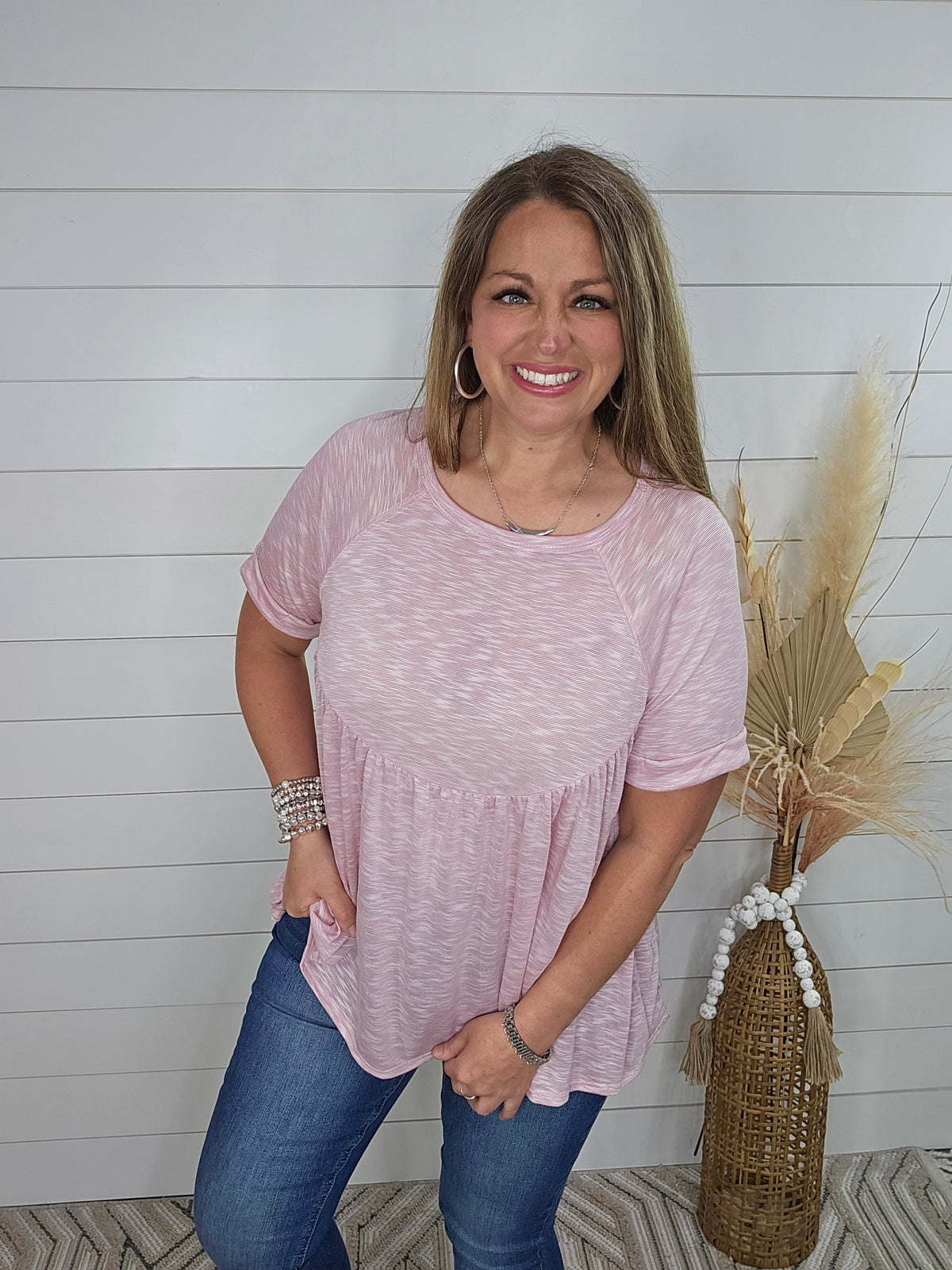 ROSE HEATHERED BABYDOLL KNIT TOP