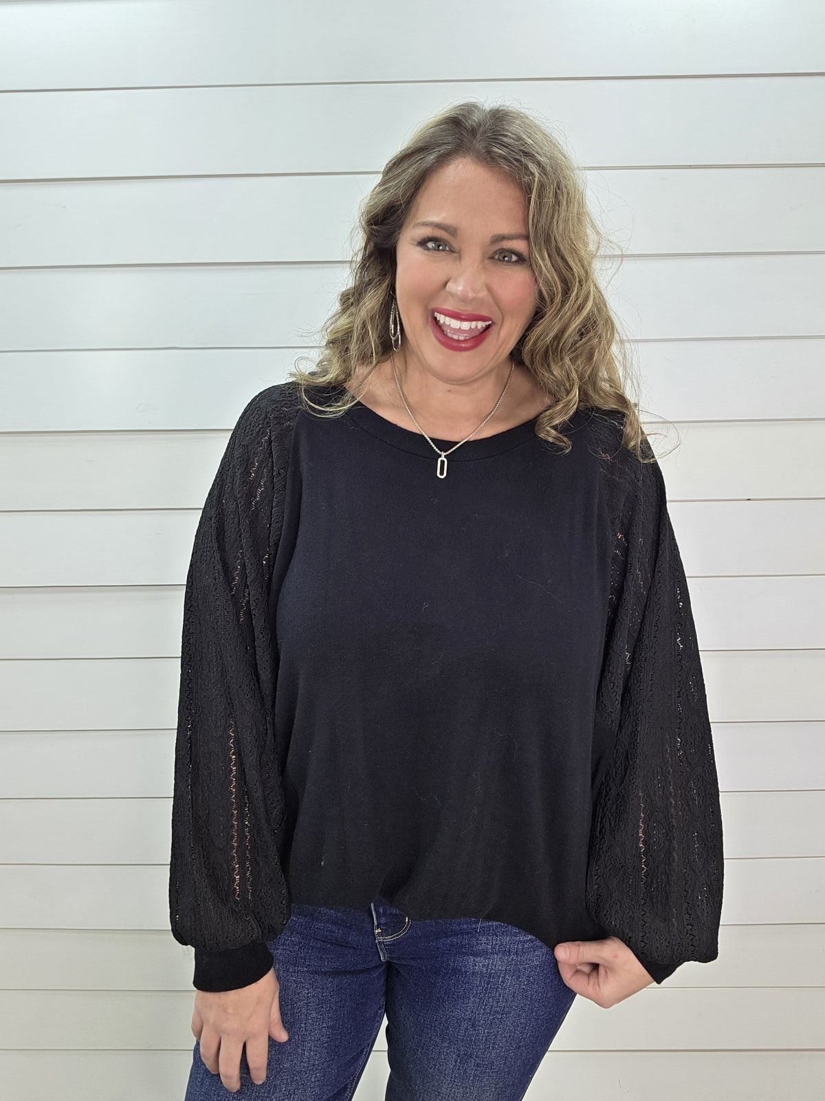 BLACK BRUSHED KNIT LOOSE FIT DOLMAN TOP W/ LACE SLEEVES