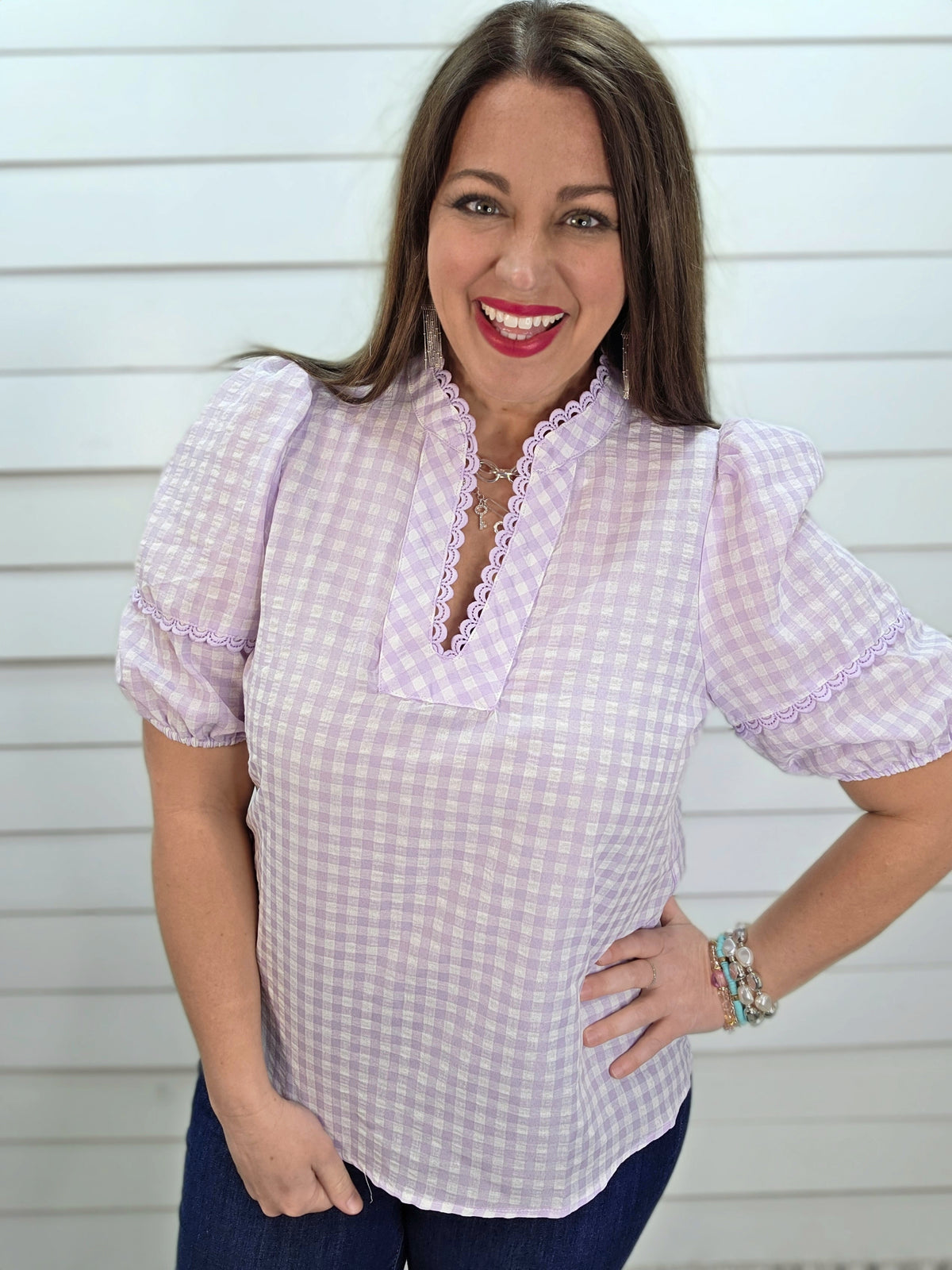 LAVENDER GINGHAM PUFF SLEEVE V NECK TOP W/ SCALLOPED TRIM