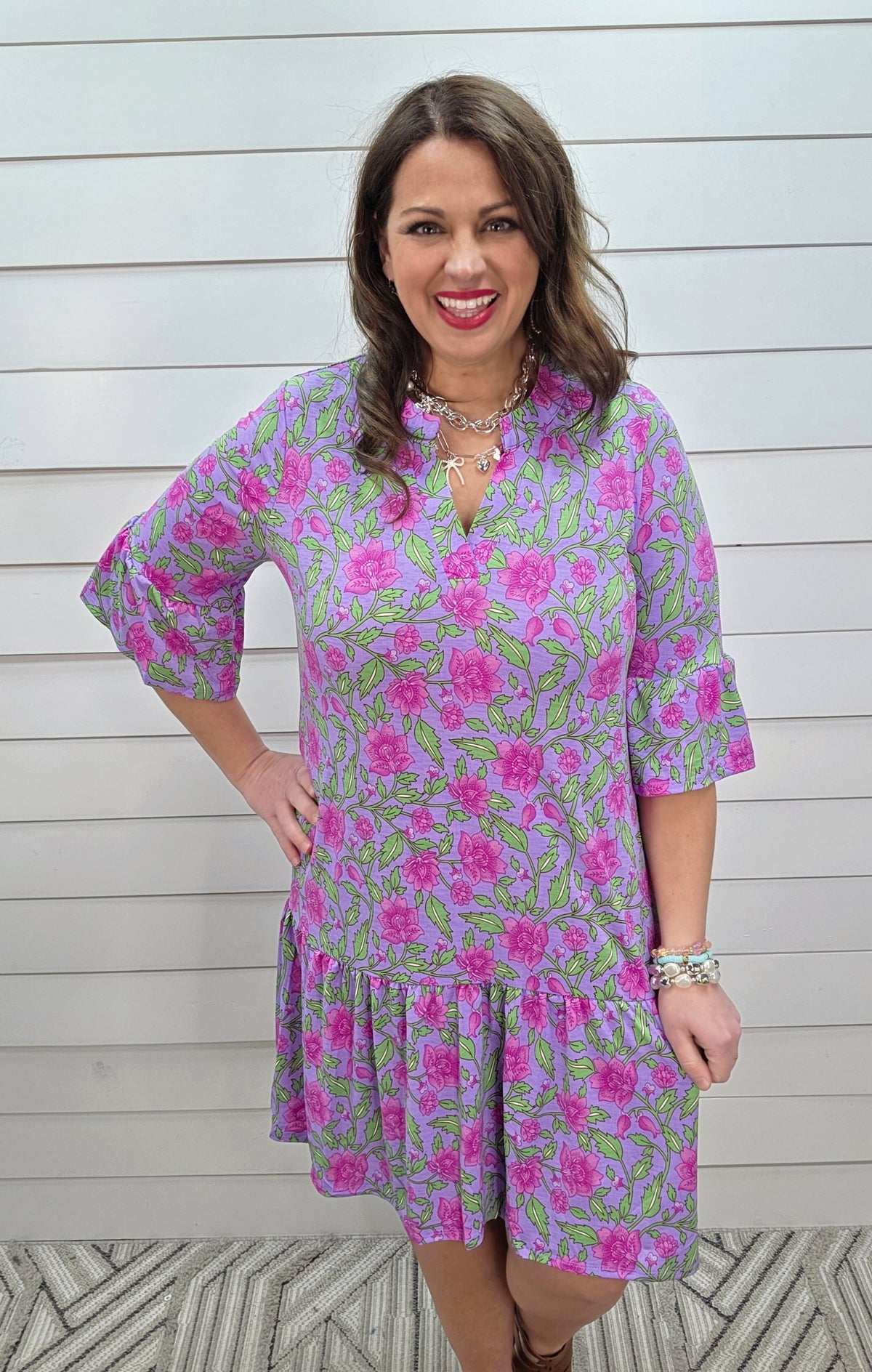 DEAR SCARLETT SUNDAY 3/4 SLEEVE RUFFLE DETAIL DRESS - LAVENDER/PINK FLORAL