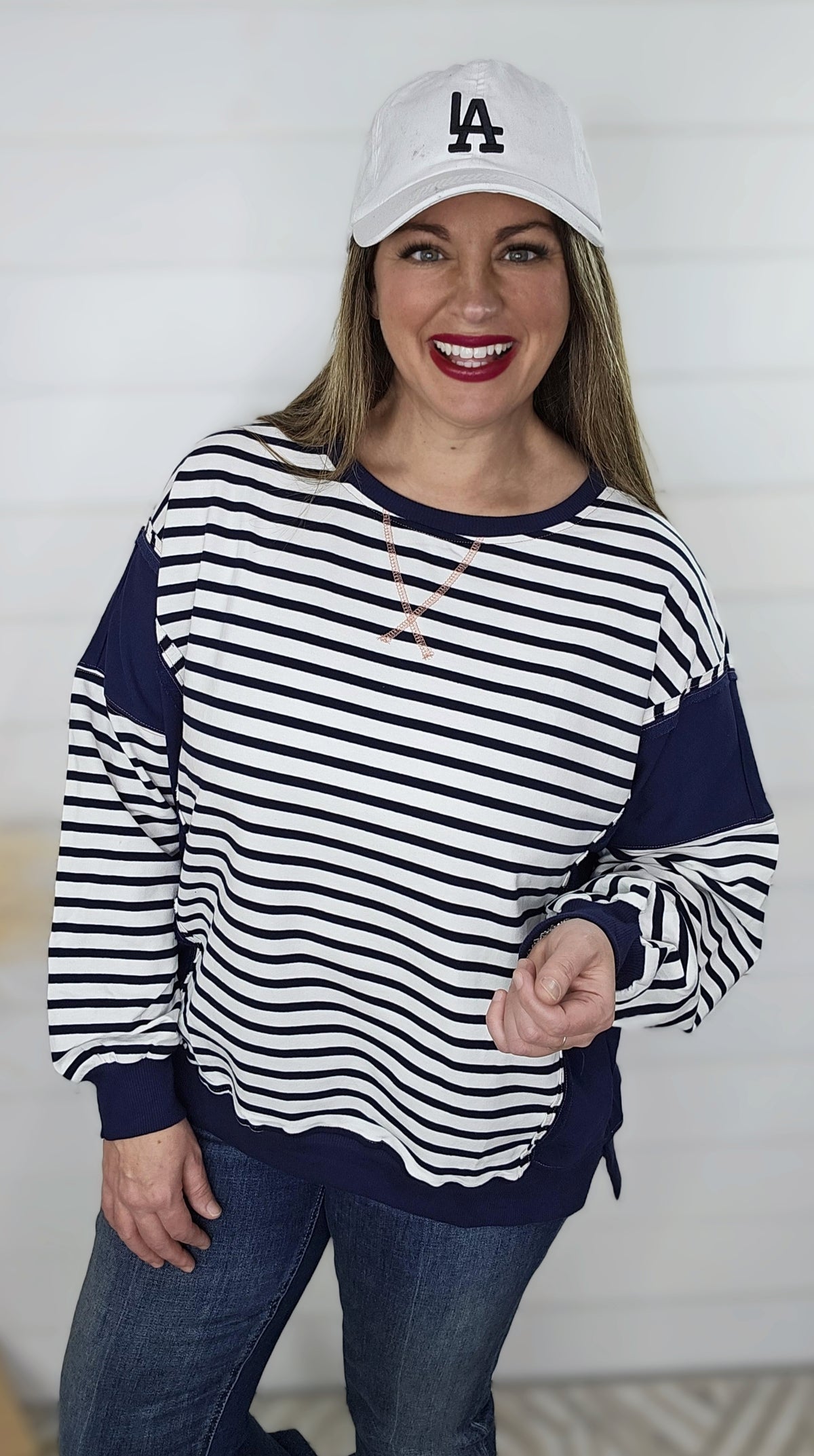 NAVY/WHITE STRIPED BLOCK LOOSE FIT PULLOVER TOP