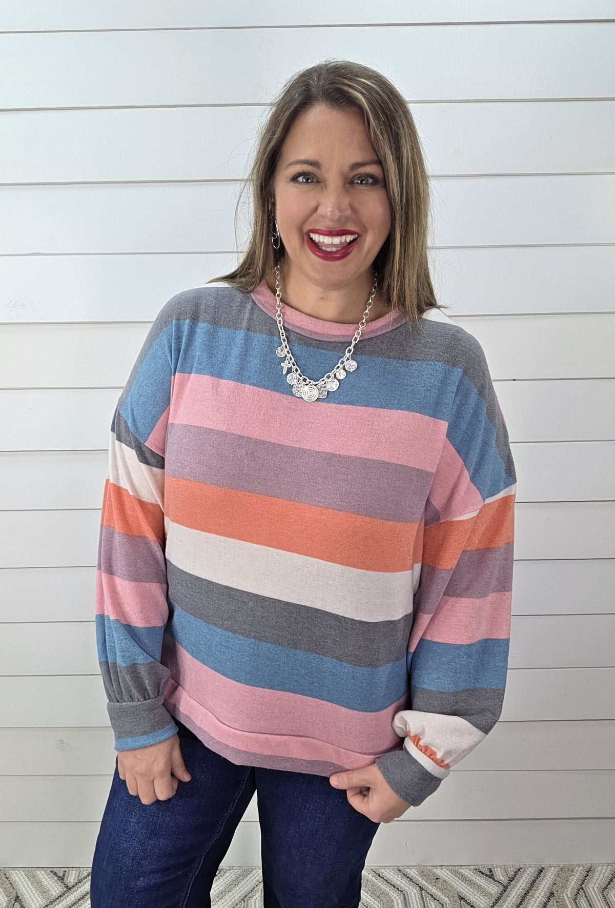 MULTI STRIPED BRUSHED KNIT TOP