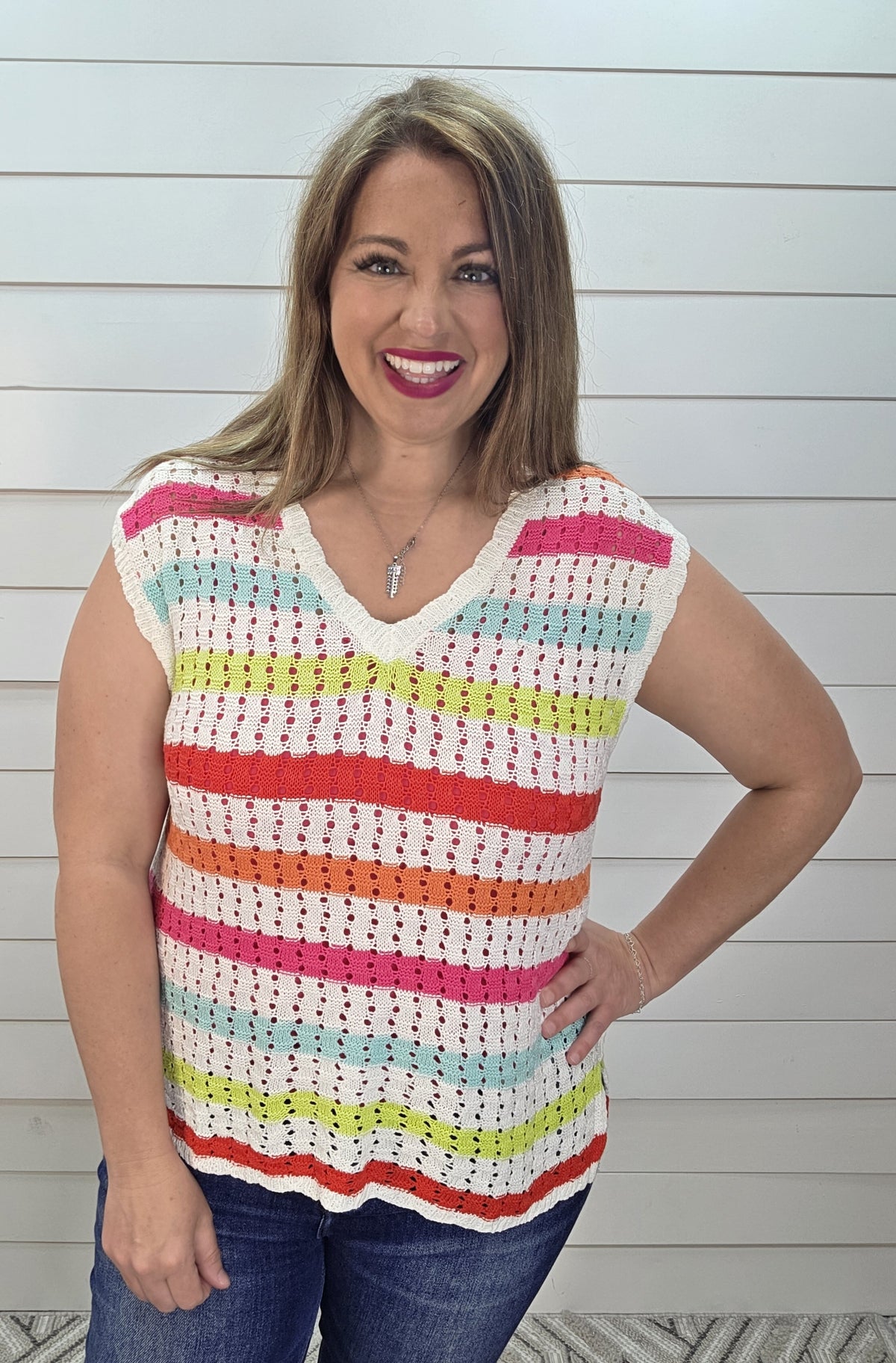 MULTICOLOR OPEN KNIT SLEEVELESS TOP