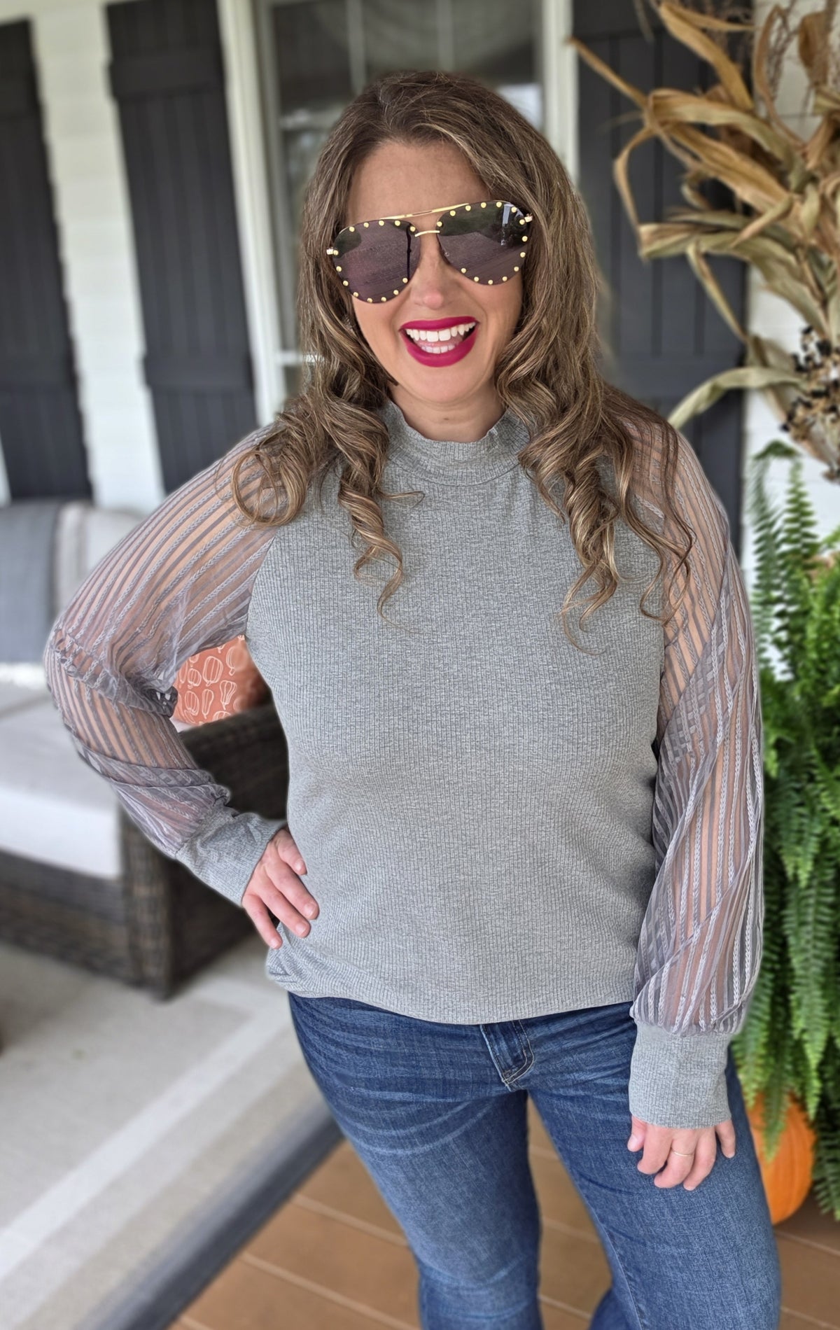 GREY RIBBED KNIT/ STRIPED MESH SLEEVE TOP