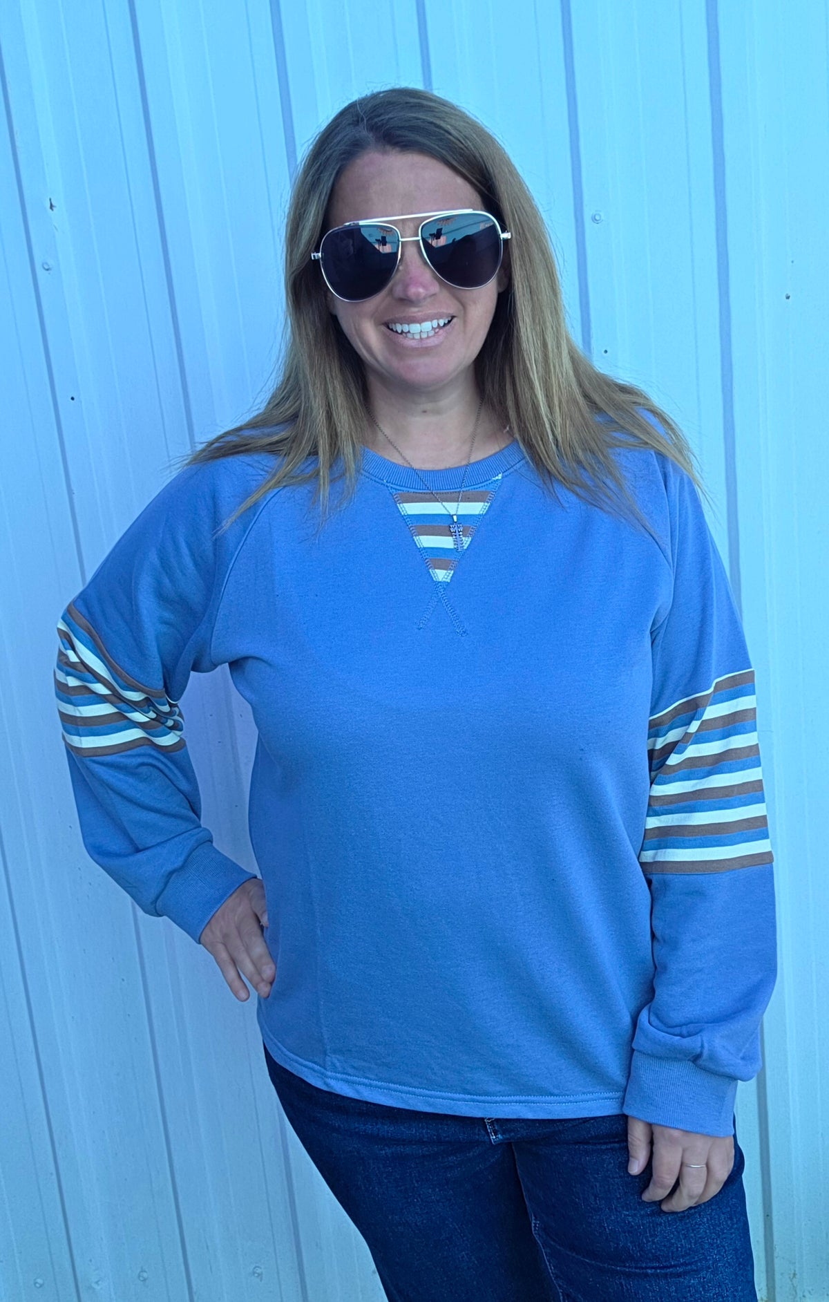 Denim Blue Crew Neck Raglan Sleeve Terry Mixed Stripe Top
