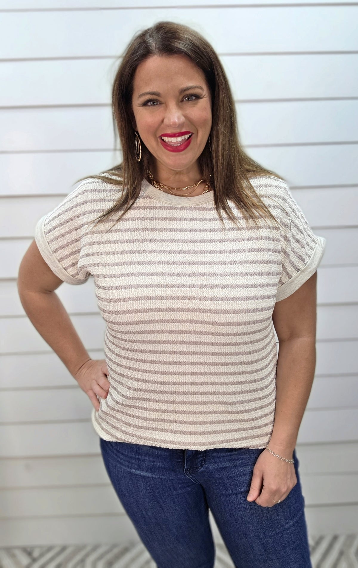 CREAM/TAUPE STRIPED TEXTURED KNIT TOP