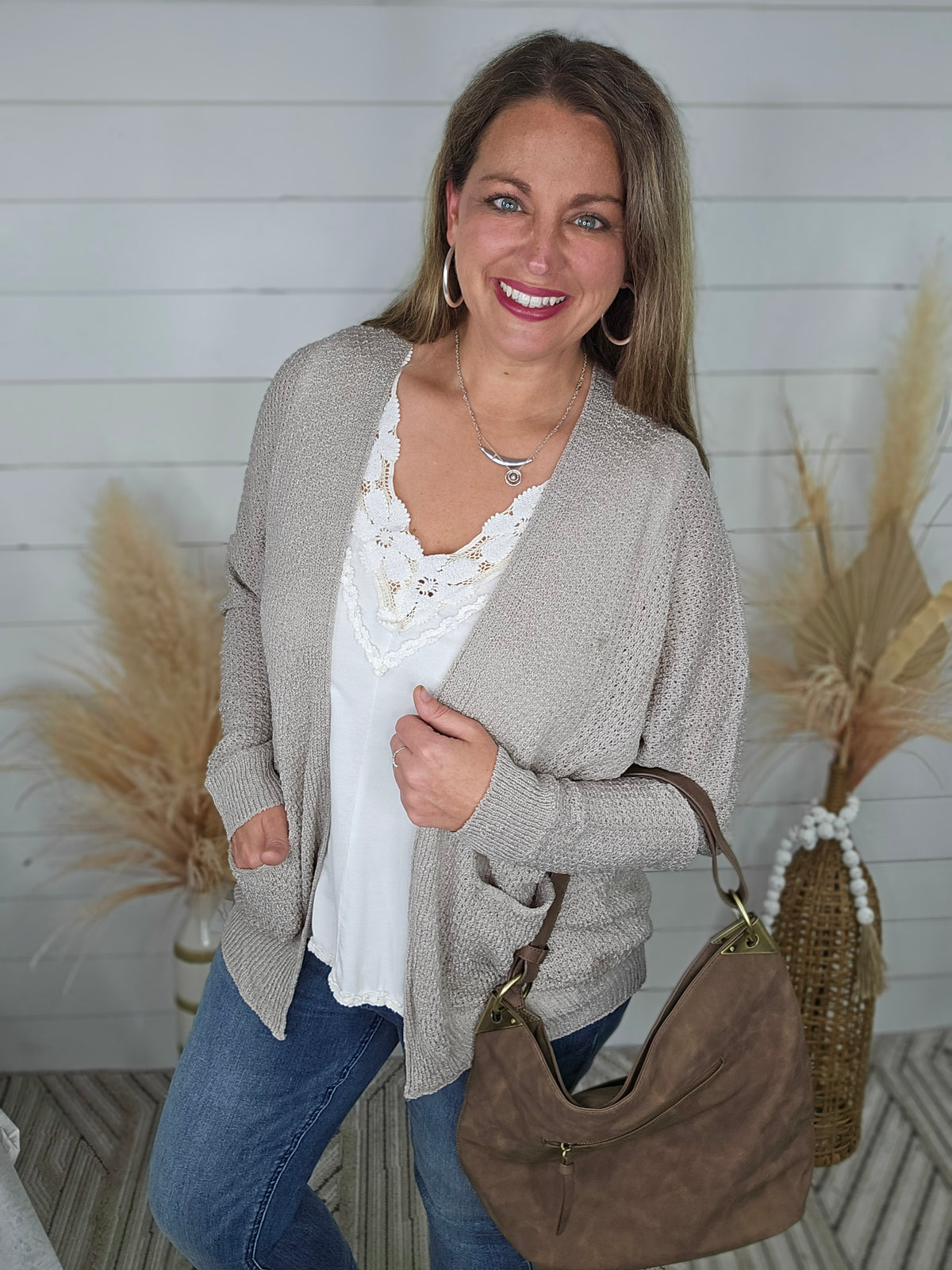 PEBBLE OPEN FRONT CARDIGAN W/ DROP SHOULDER AND SIDE POCKETS