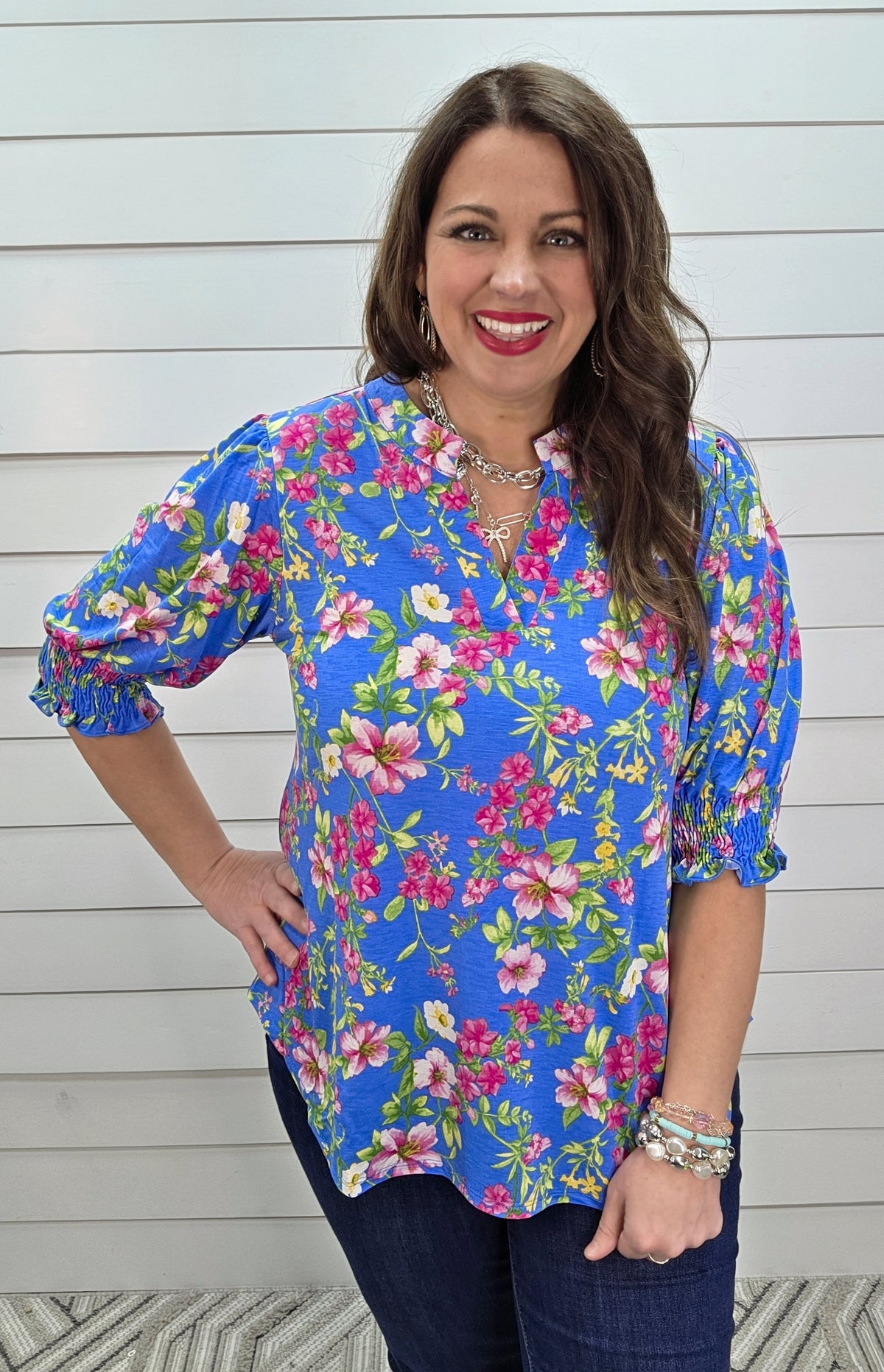 DEAR SCARLETT SMOCKED TOP - OCEAN BLUE/PINK FLORAL