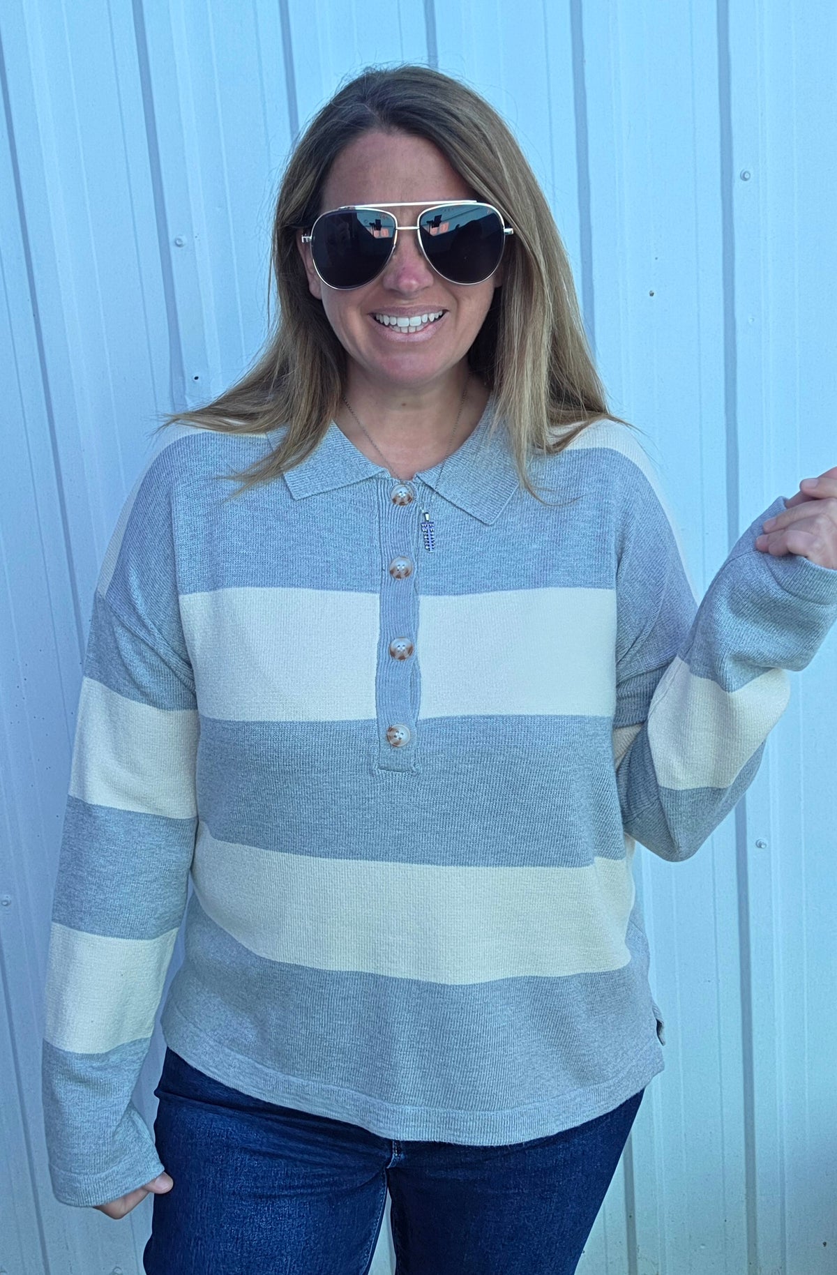 Heather Grey Wide Striped Button Neckline Oversized Sweater