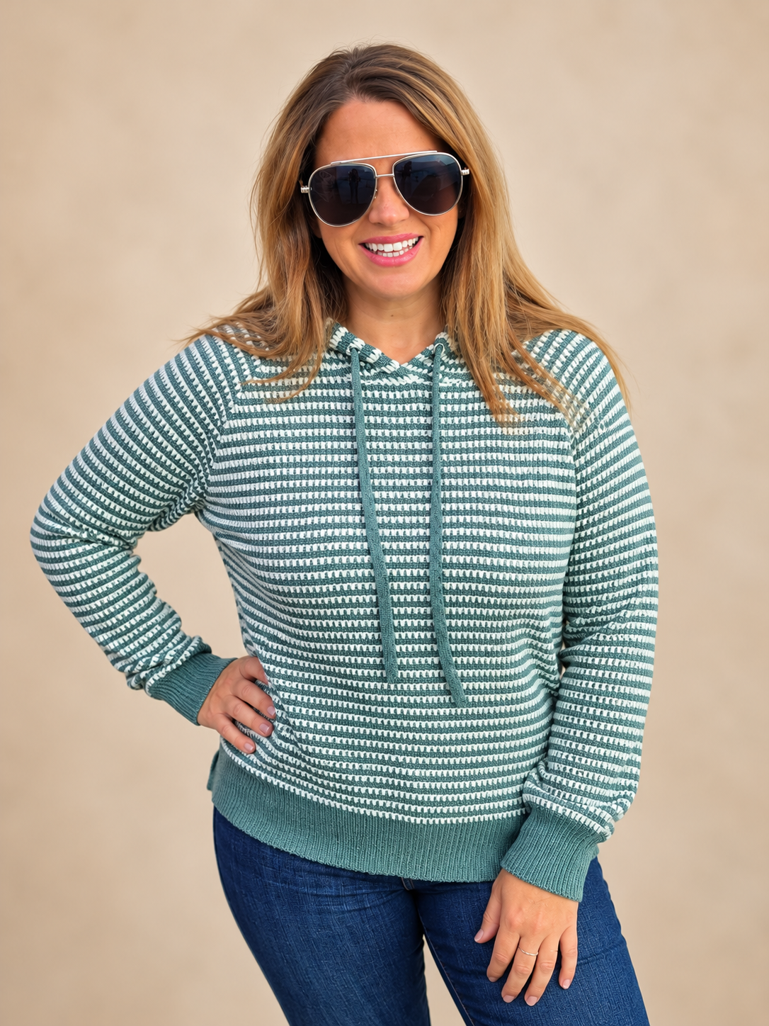 Dark Sage 2 Tone Waffle Hoodie Raglan Sleeve Pullover Sweater