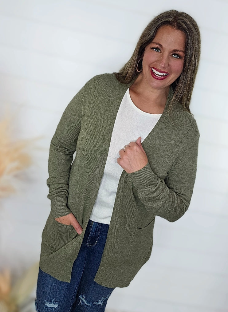 HEATHERED MED OLIVE ULTRA SOFT OPEN CARDIGAN W/ SIDE POCKETS