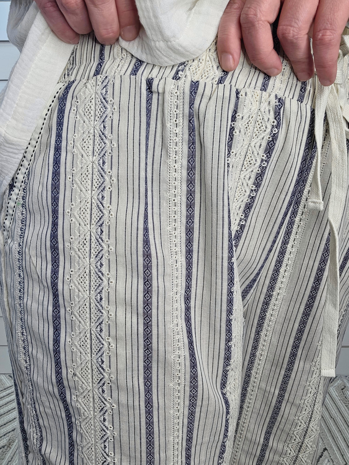 OATMEAL/NAVY STRIPED LOOSE FIT JOGGERS W/ LACE TRIM