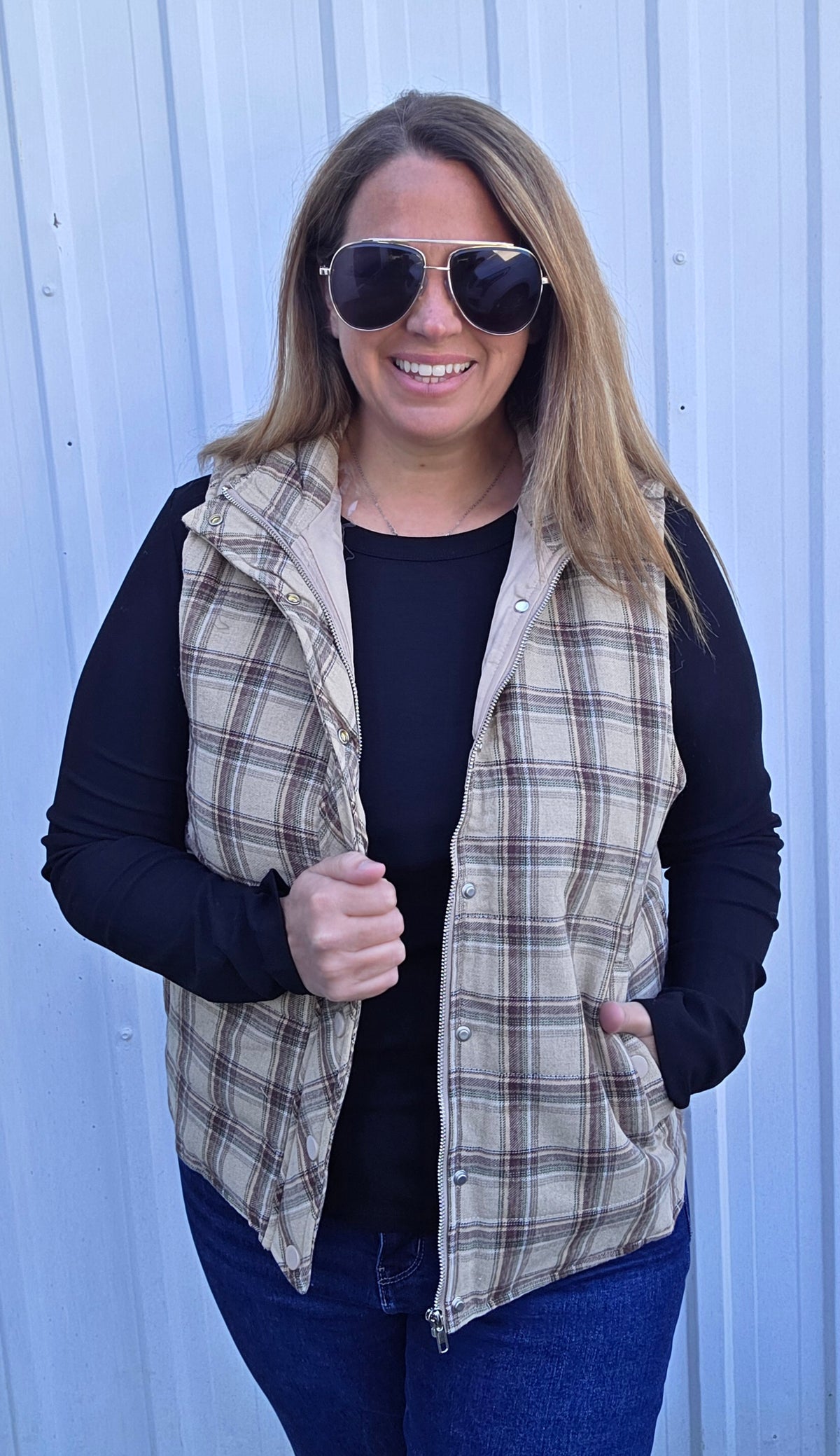 Taupe Plaid Mock Neck, Hidden Zip Up With Snap Button, Plaid Puffer Vest
