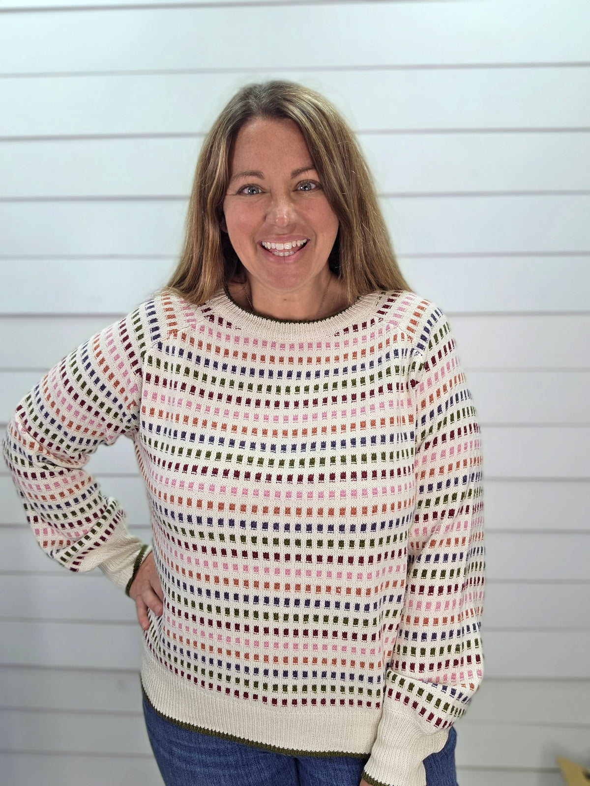 Ivory Multi Color Texture Striped Crew Neck Long Balloon Sweater