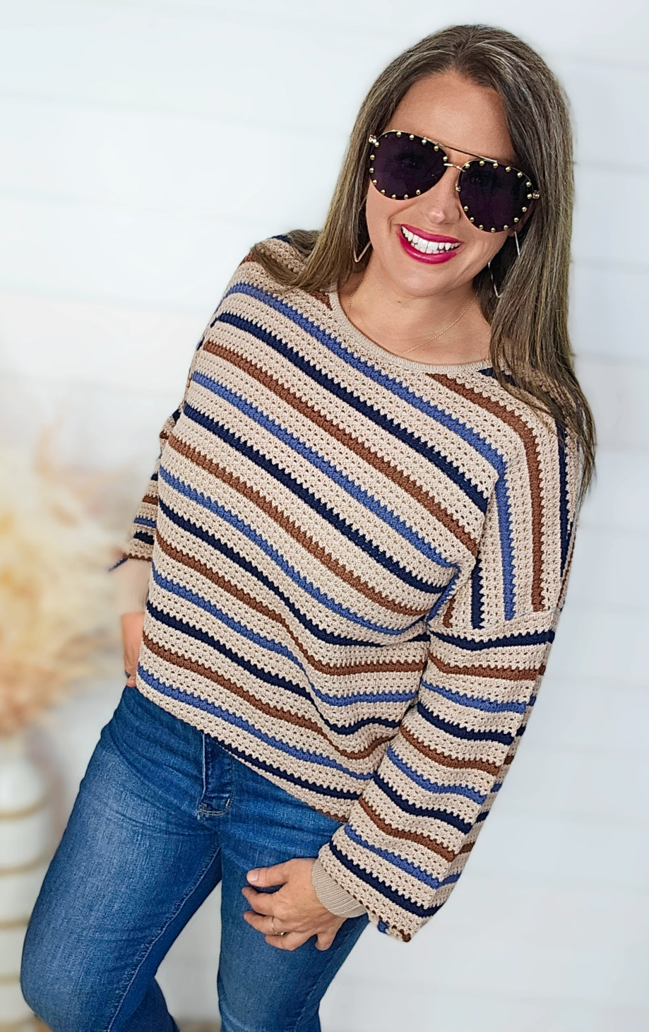 TAUPE MULTI STRIPED COTTON SWEATER