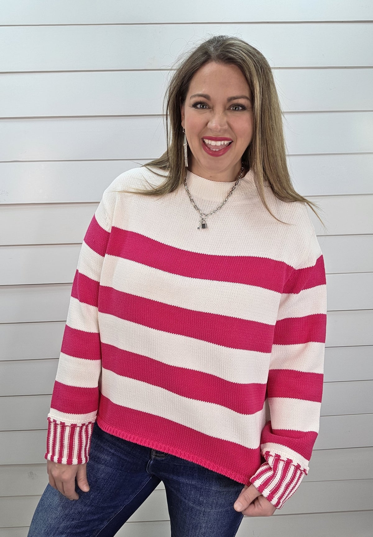 HOT PINK/OFF WHITE LARGE STRIPE PULLOVER SWEATER