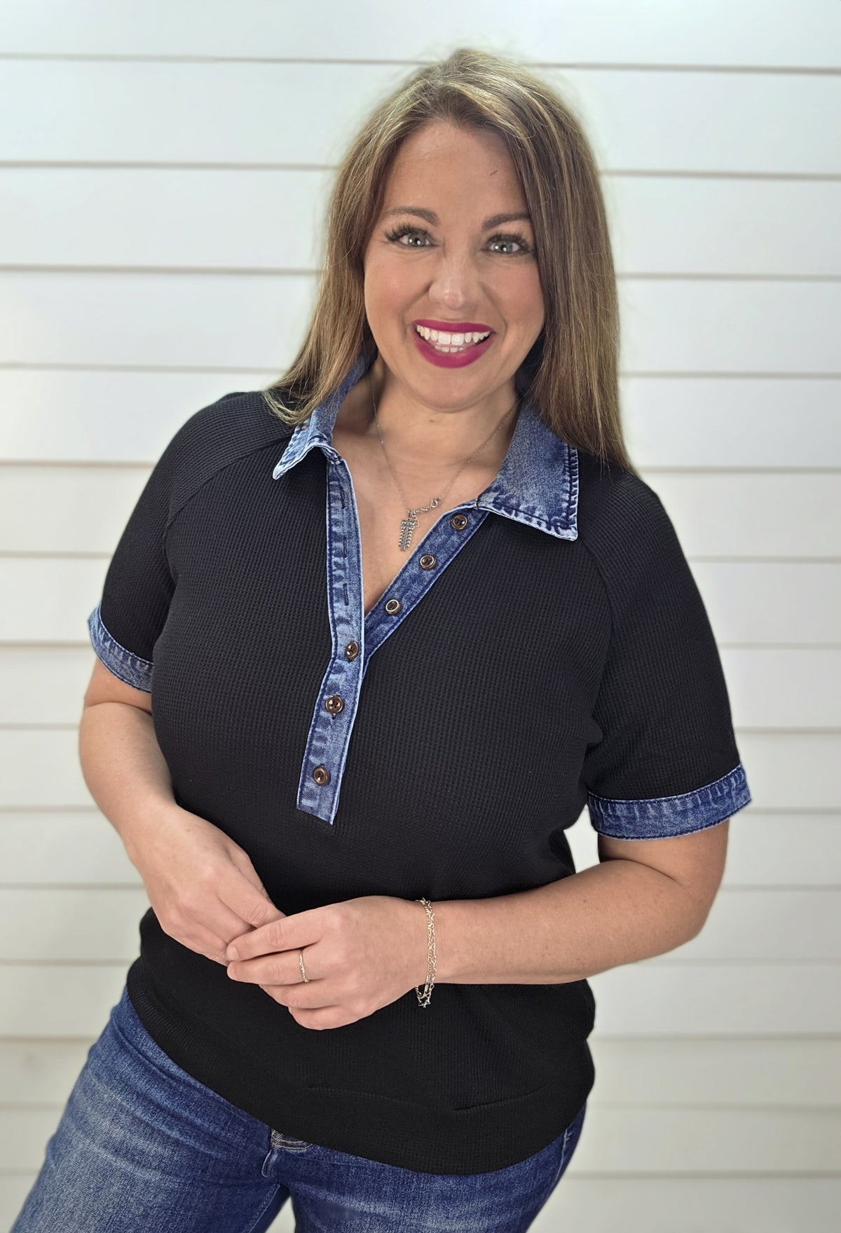 BLACK WAFFLE TEXTURE KNIT TOP W/ DENIM TRIM
