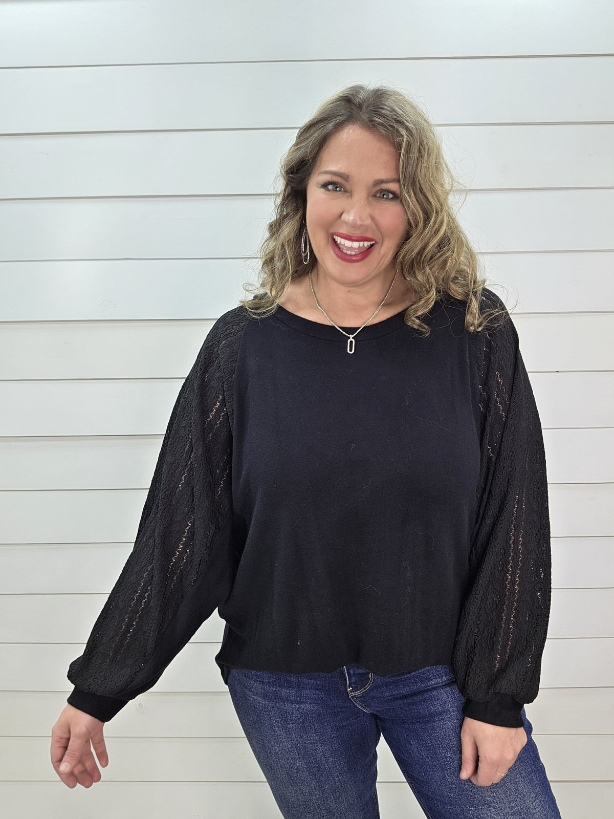 BLACK BRUSHED KNIT LOOSE FIT DOLMAN TOP W/ LACE SLEEVES