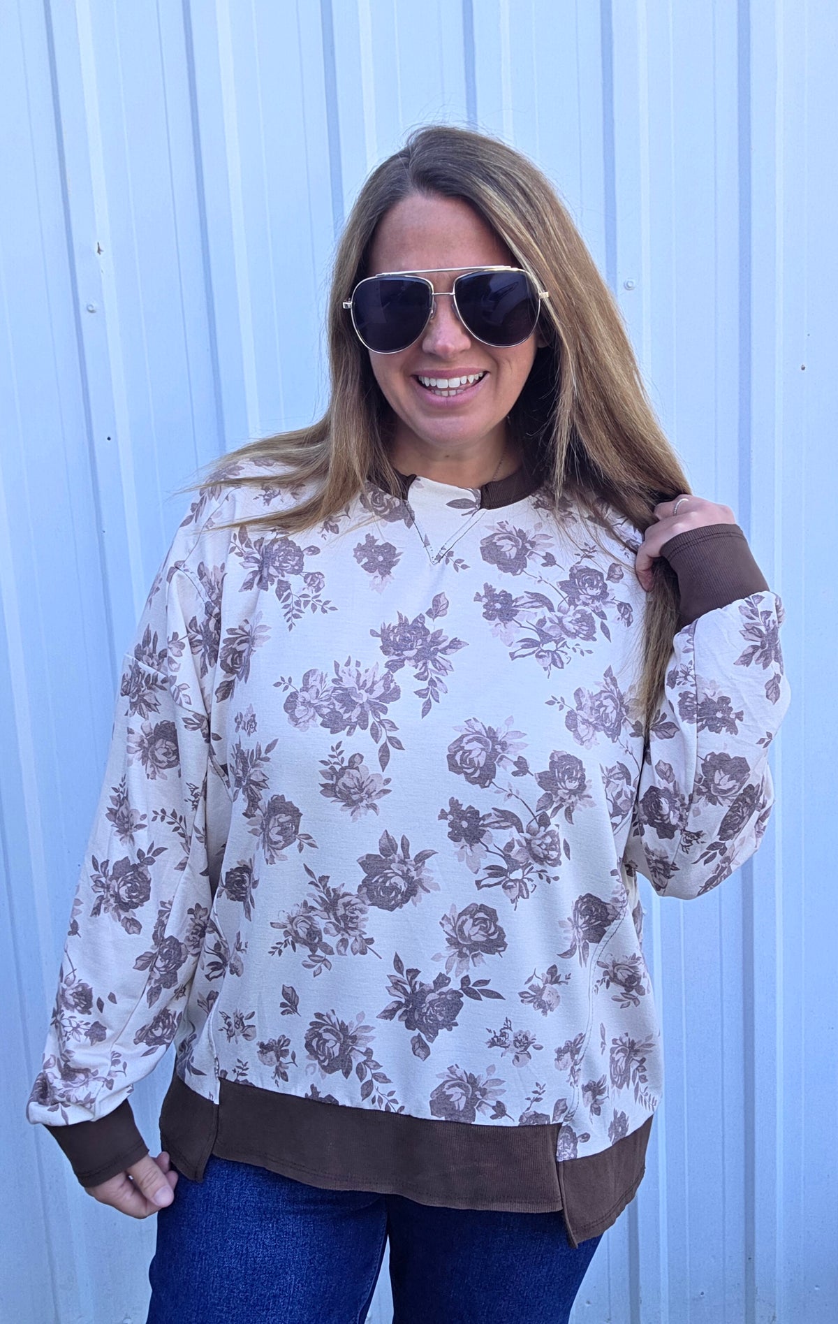 TAUPE/BROWN Drop Shoulder Long Sleeve Oversized Loose Fit Floral Print Knit Top With Ribbed Trim