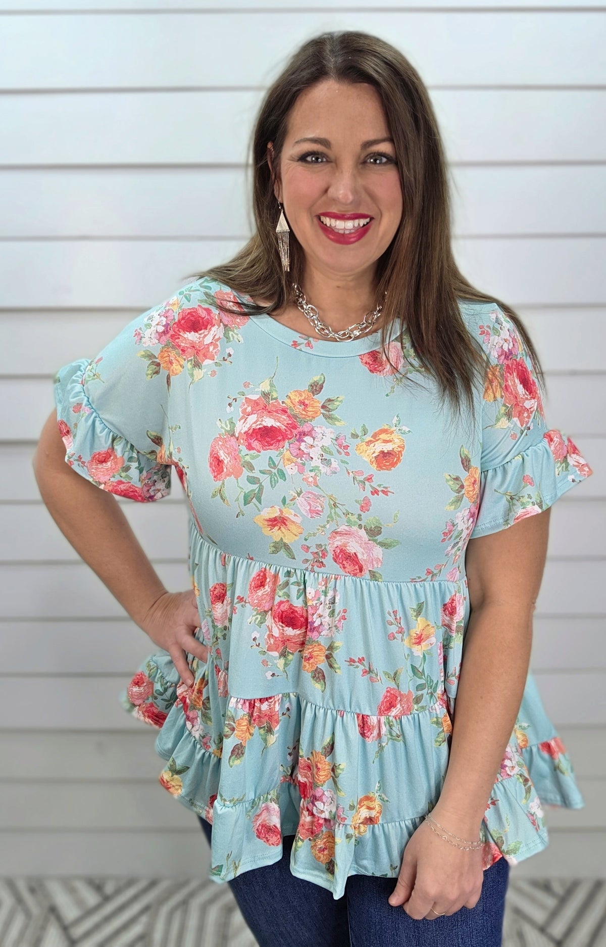 MINT FLORAL RUFFLE BUTTER SOFT KNIT TOP